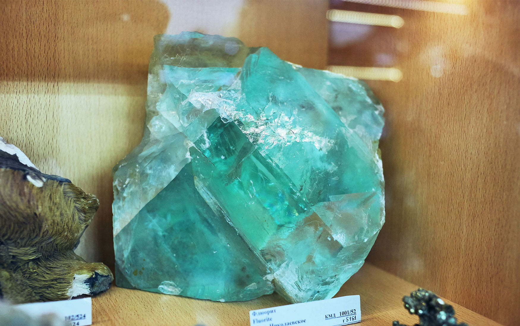 Colorful fluorite crystal showcasing unique layers of purple green and clear hues sparkling under natural light