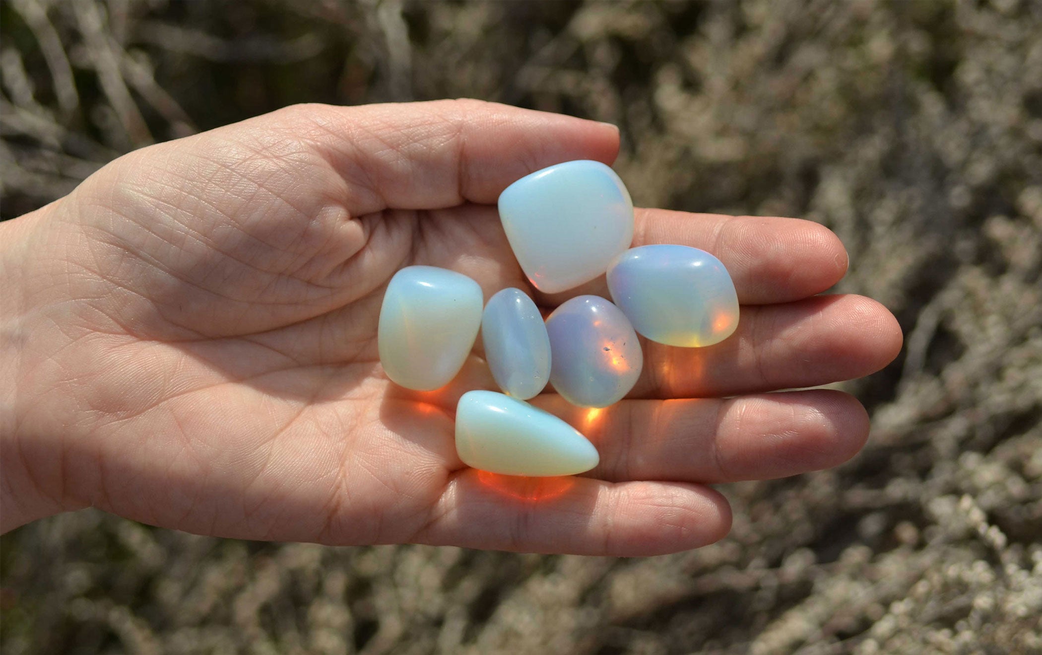 opalite tumble stones in hand
