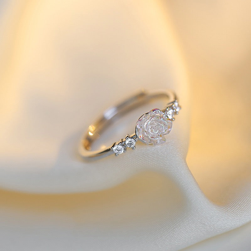 Light Luxury Crystal White Rose Ring