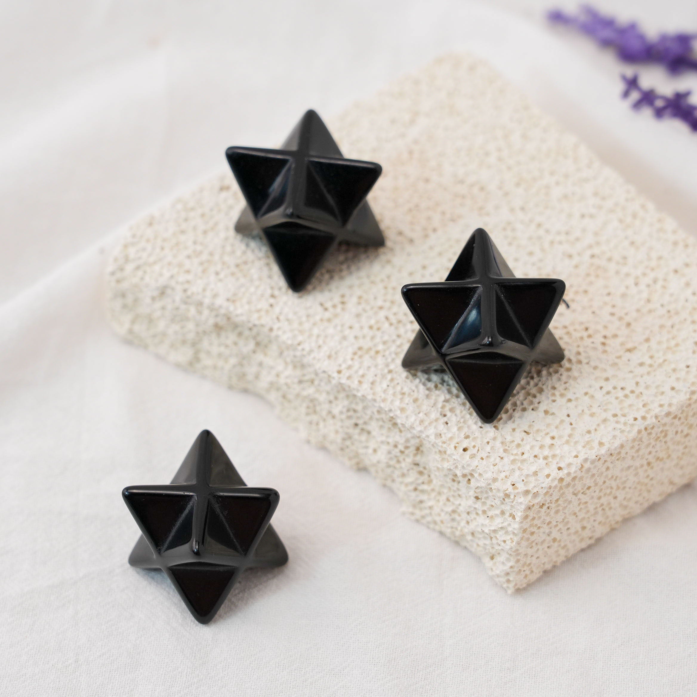 Hand-carved Black Obsidian Merkaba for spiritual growth and psychic protection