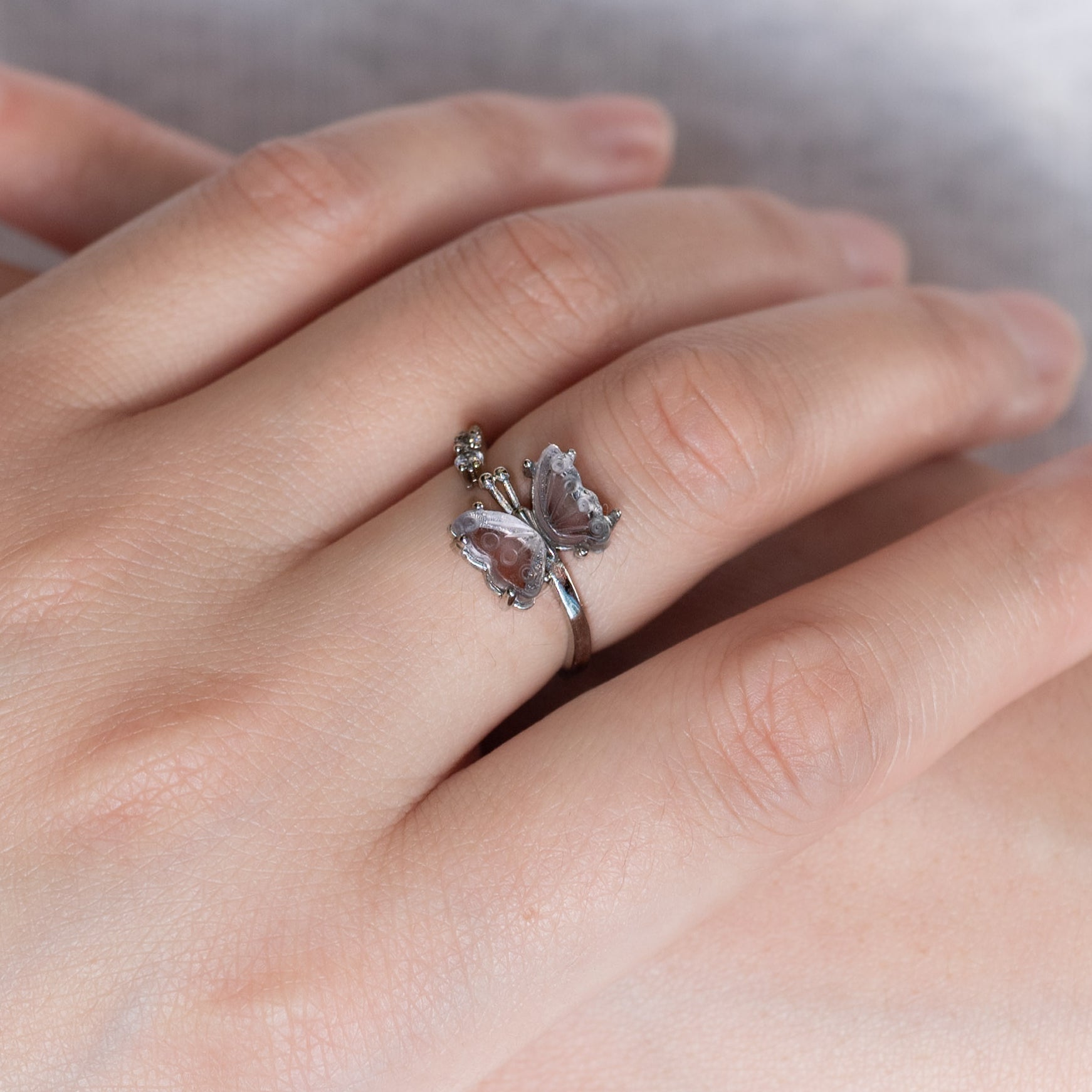 Elegant Fluorite Butterfly Ring with intricate design.