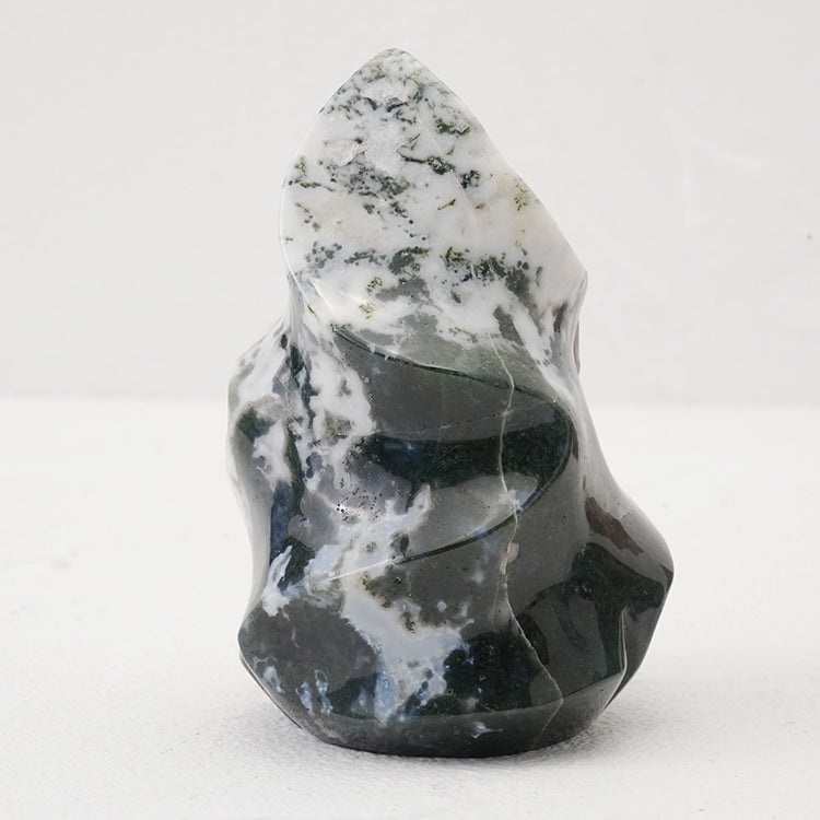 Natural Moss Agate Flame crystal, ideal for meditation and healing