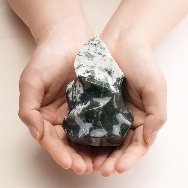 Unique Moss Agate Flame with vibrant moss-like inclusions