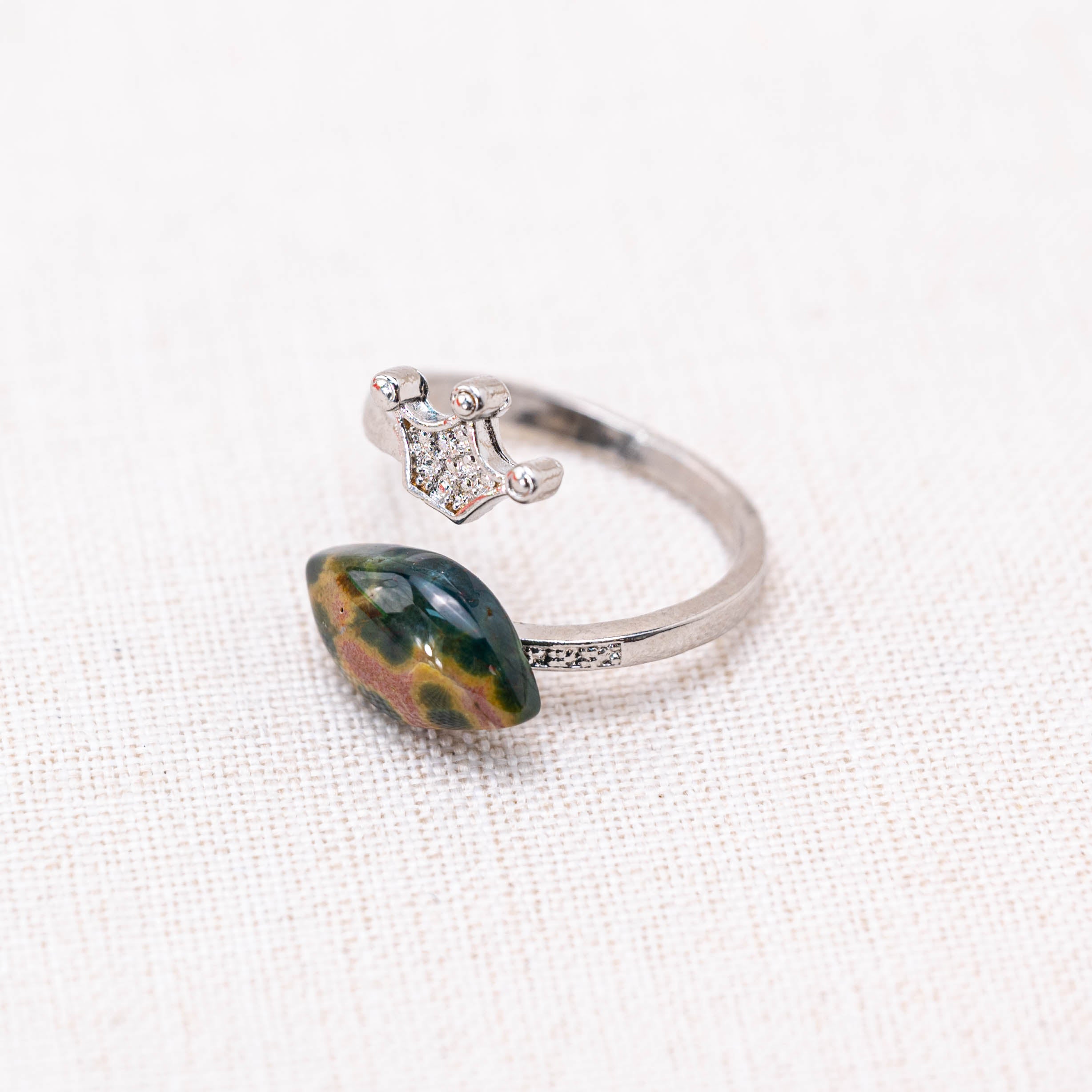 Ocean Jasper Crown Ring with unique patterns.