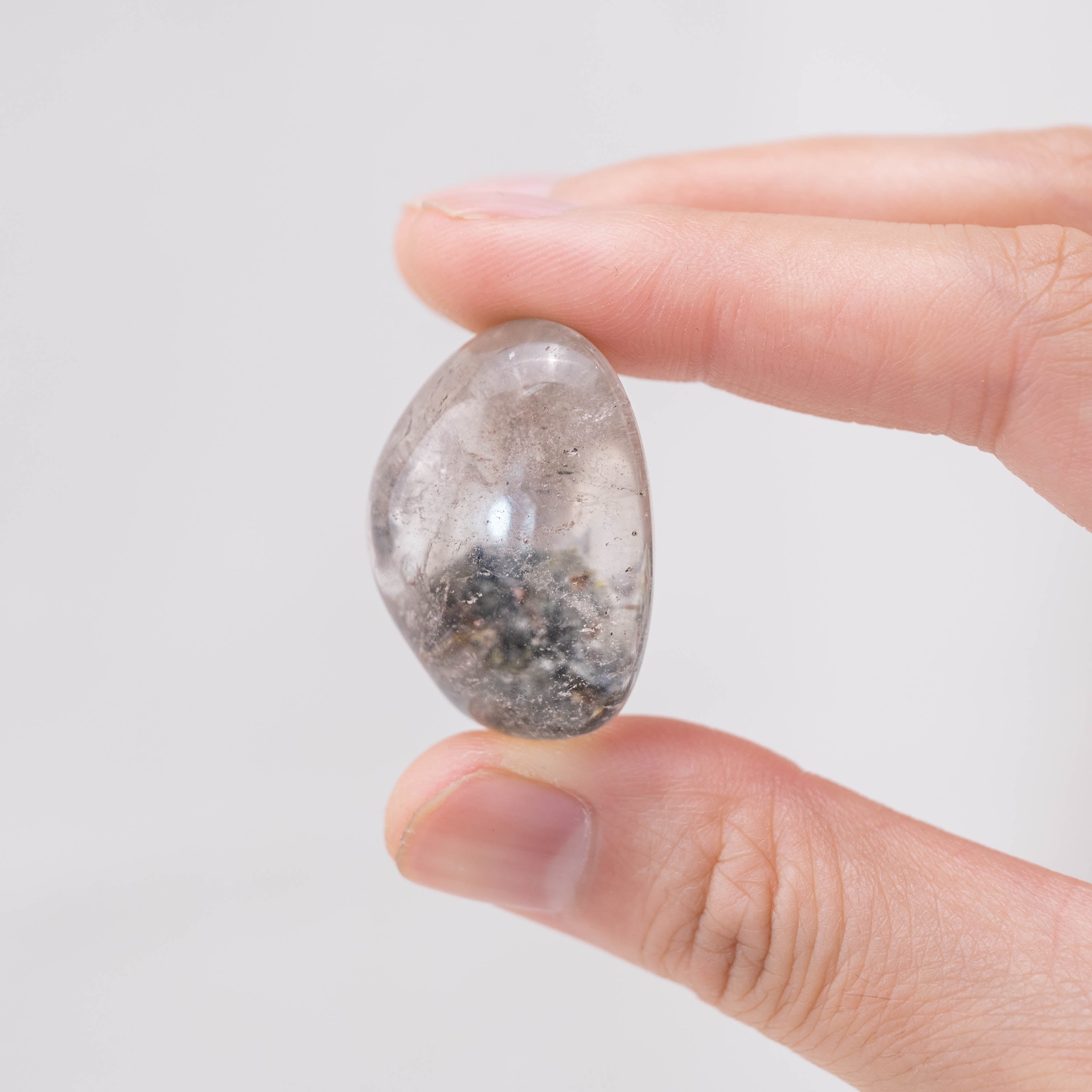 Detail shot of Phantom Quartz tumbled stone's clarity