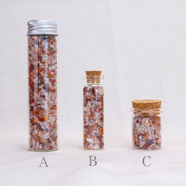 These natural raw Red Fire Quartz Chips boost vitality and courage.