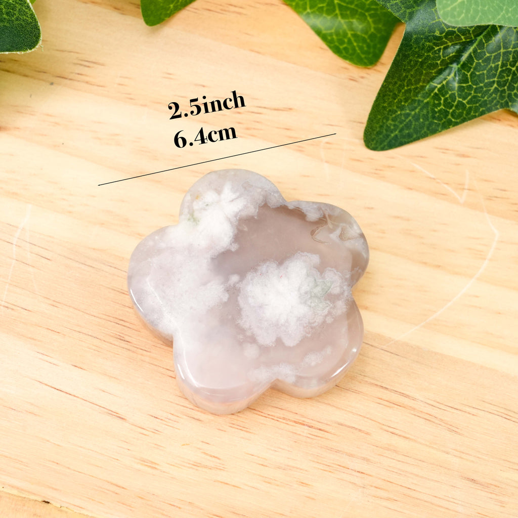 Natural Flower Agate Clover Palm Stone | Cherry Blossom Agate Carved Flower Crystal for Meditation, Healing & Home Decor