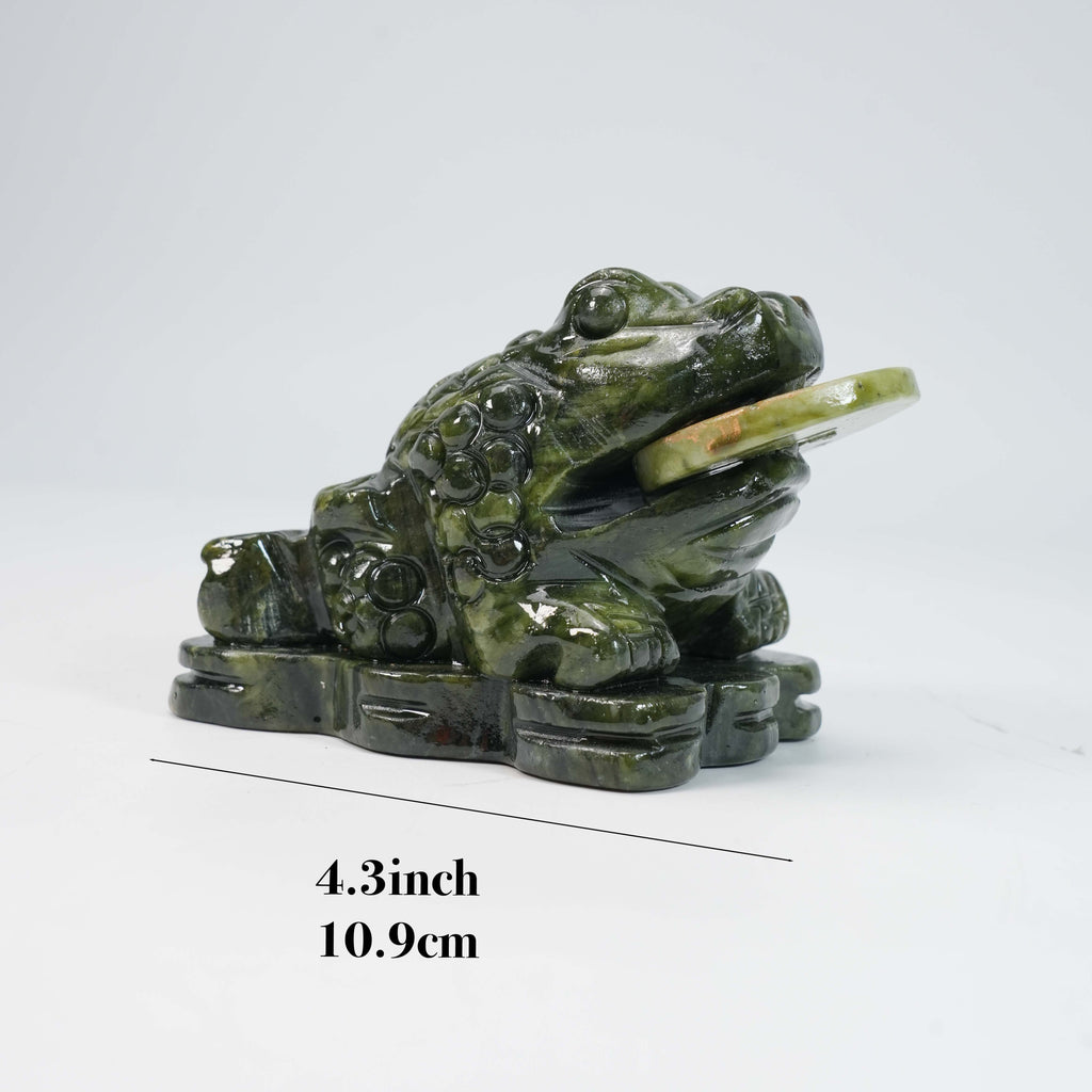 Natural Green Jade Money Frog Statue - Feng Shui Chan Chu for Wealth & Prosperity, 4.3" Hand-Carved Crystal Toad Figurine for Home Office Luck