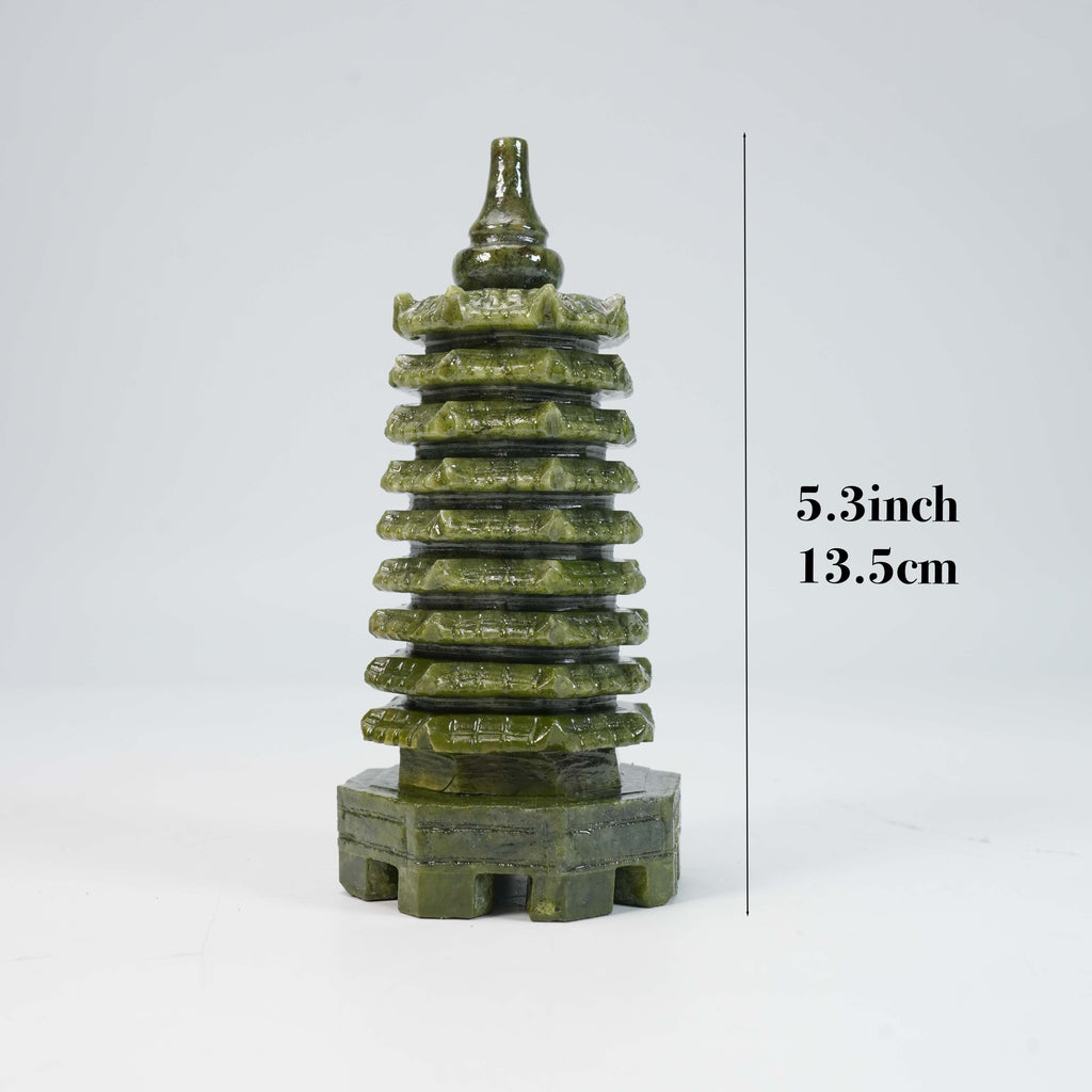 Green Jade 9-Level Wen Chang Pagoda Statue - Feng Shui Tower for Academic Success & Career Luck, 5.3" (13.5cm) Hand-Carved Crystal Figurine