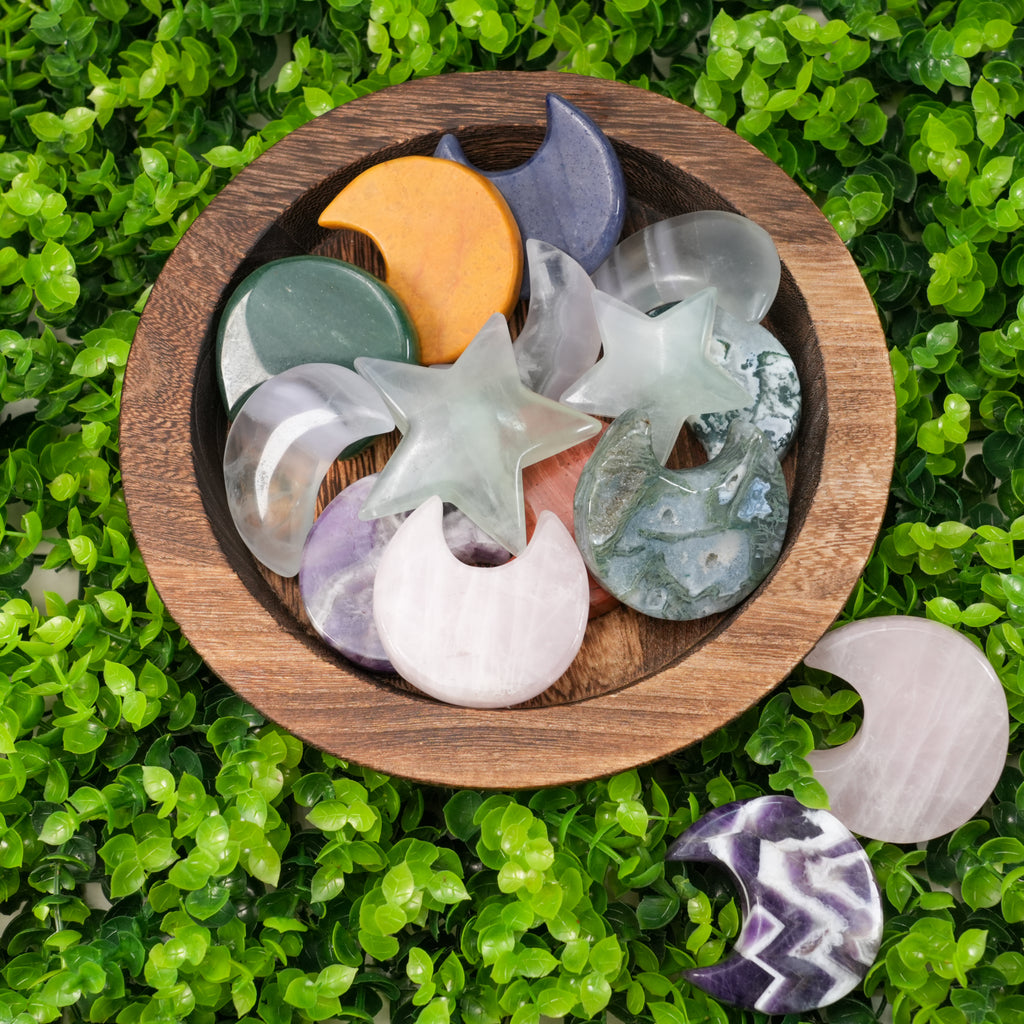 Mixed Crystal Moon & Star Carvings | Natural Polished Palm Stones for Meditation & Altar Décor