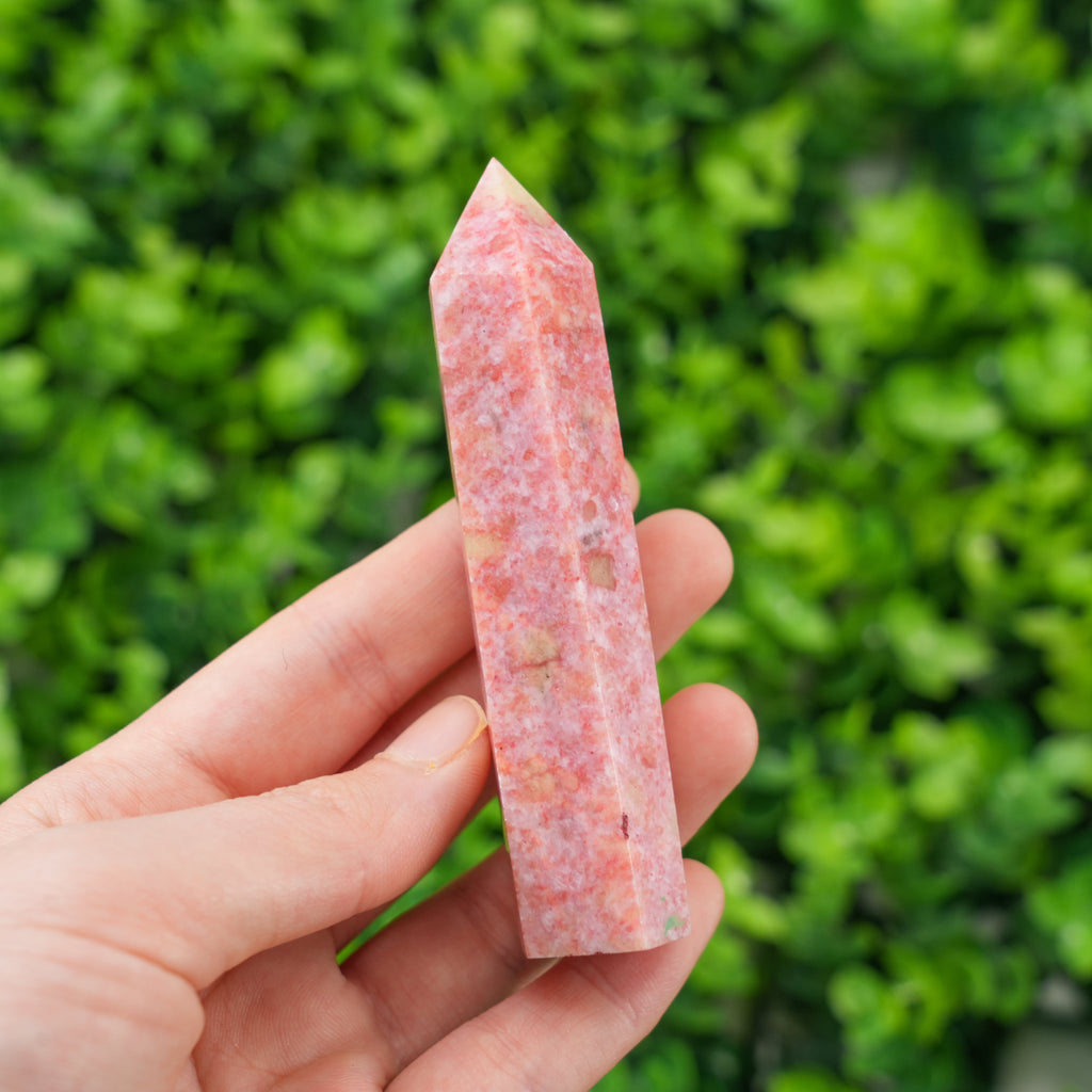 Thulite Crystal Point – Natural Thulite Single Terminated Wand, Polished Pink Crystal Tower for Healing, Meditation, Energy Work, Home Decor & Collection