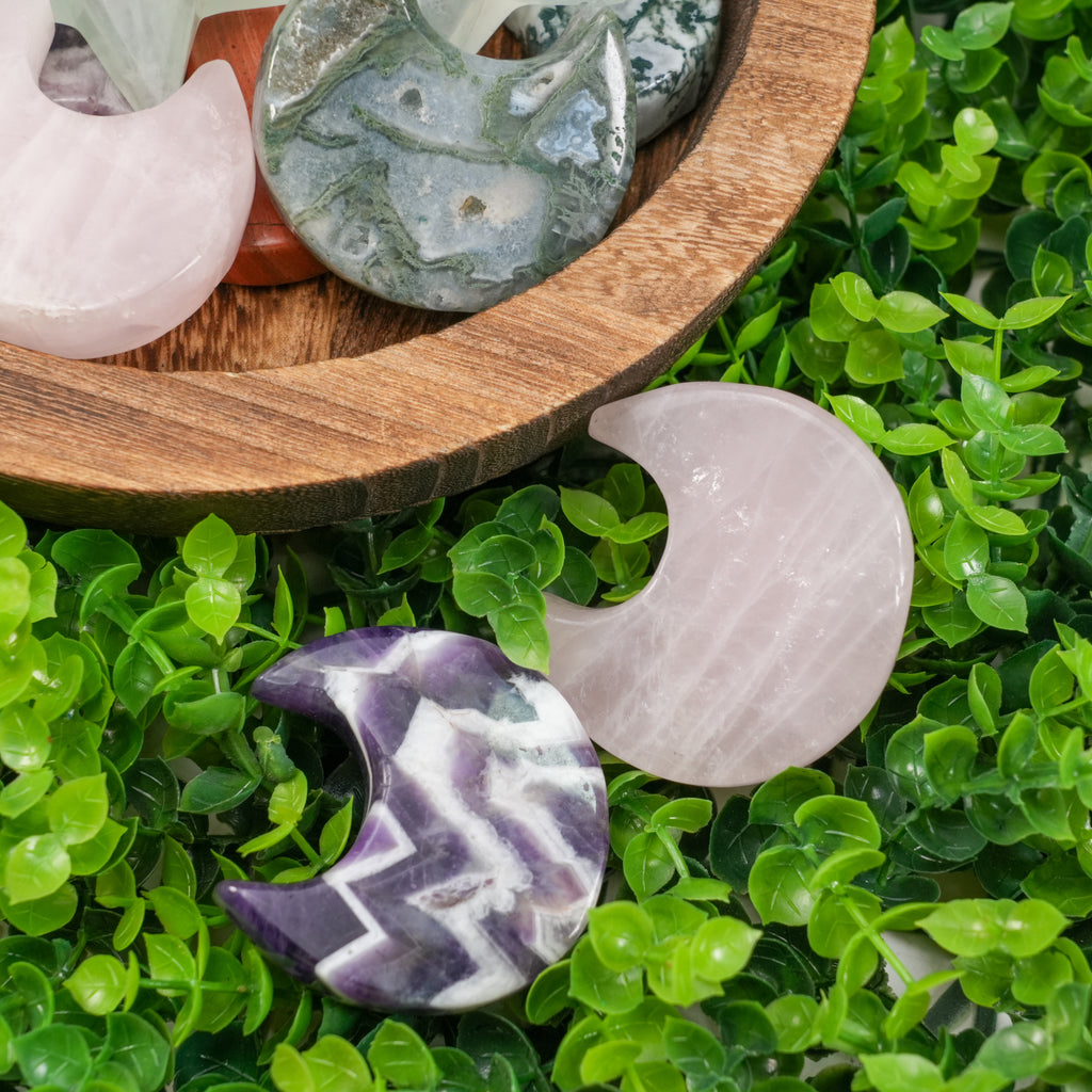 Mixed Crystal Moon & Star Carvings | Natural Polished Palm Stones for Meditation & Altar Décor