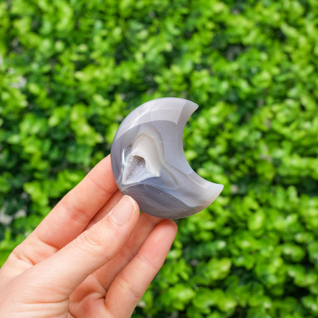 Mini Grey Agate Moon Crystal | Handmade Natural Stone, Pocket Size Healing Crystal & Home Accent