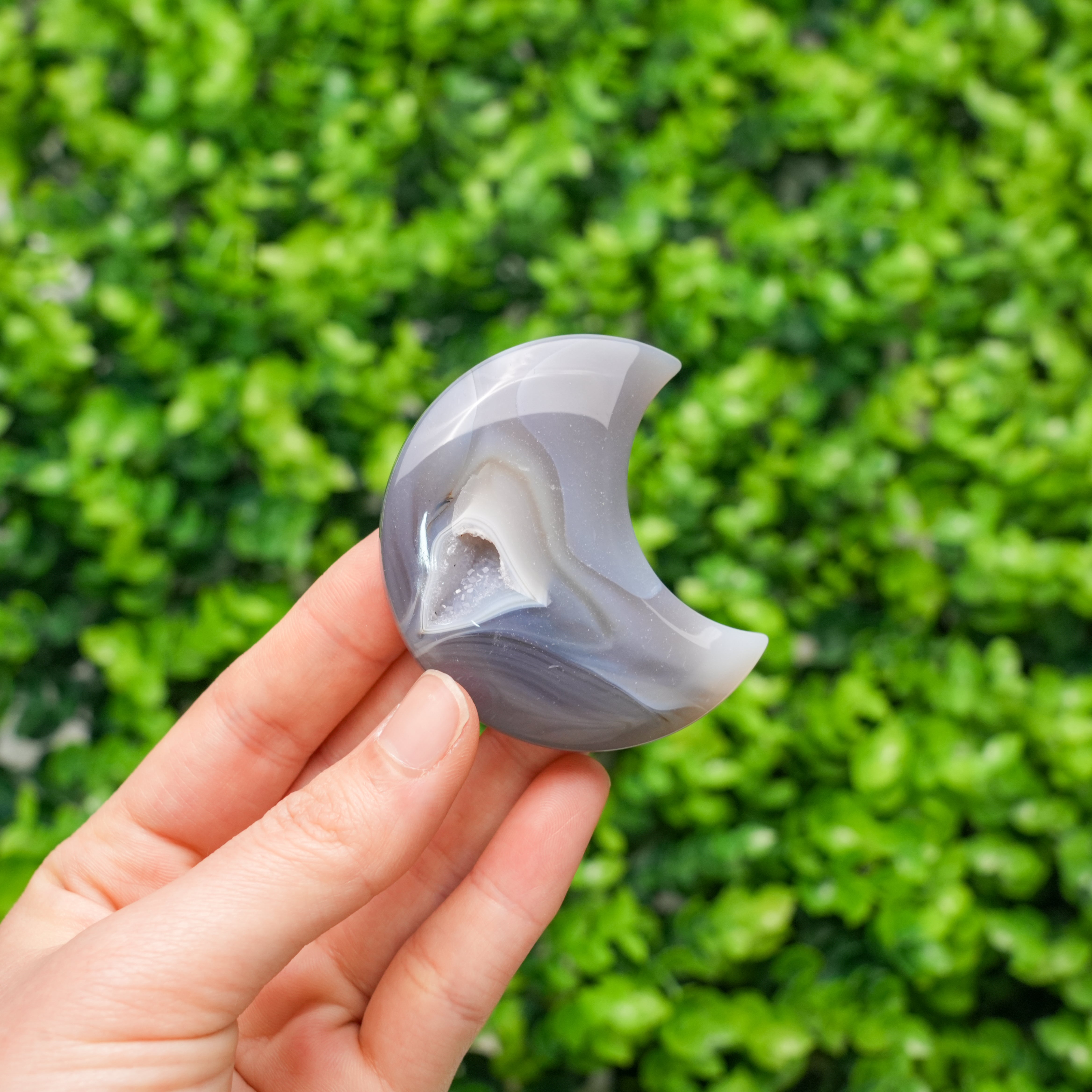 Mini Grey Agate Moon Crystal | Handmade Natural Stone, Pocket Size Healing Crystal & Home Accent