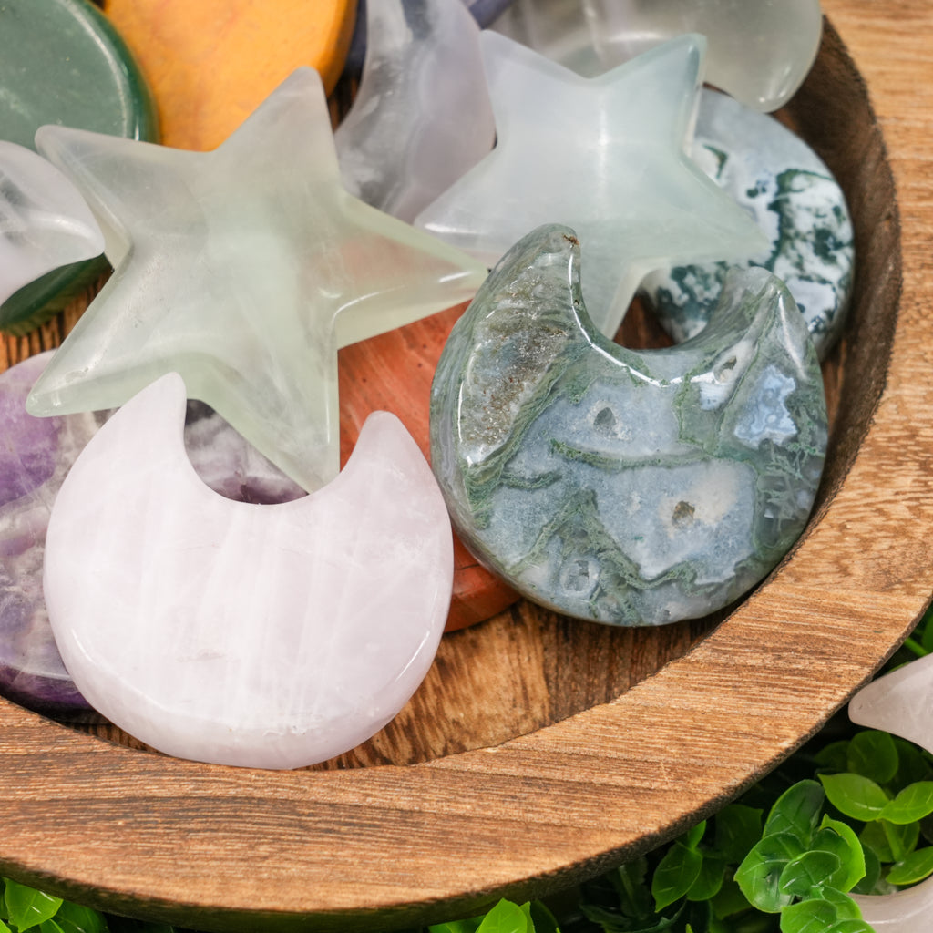 Mixed Crystal Moon & Star Carvings | Natural Polished Palm Stones for Meditation & Altar Décor