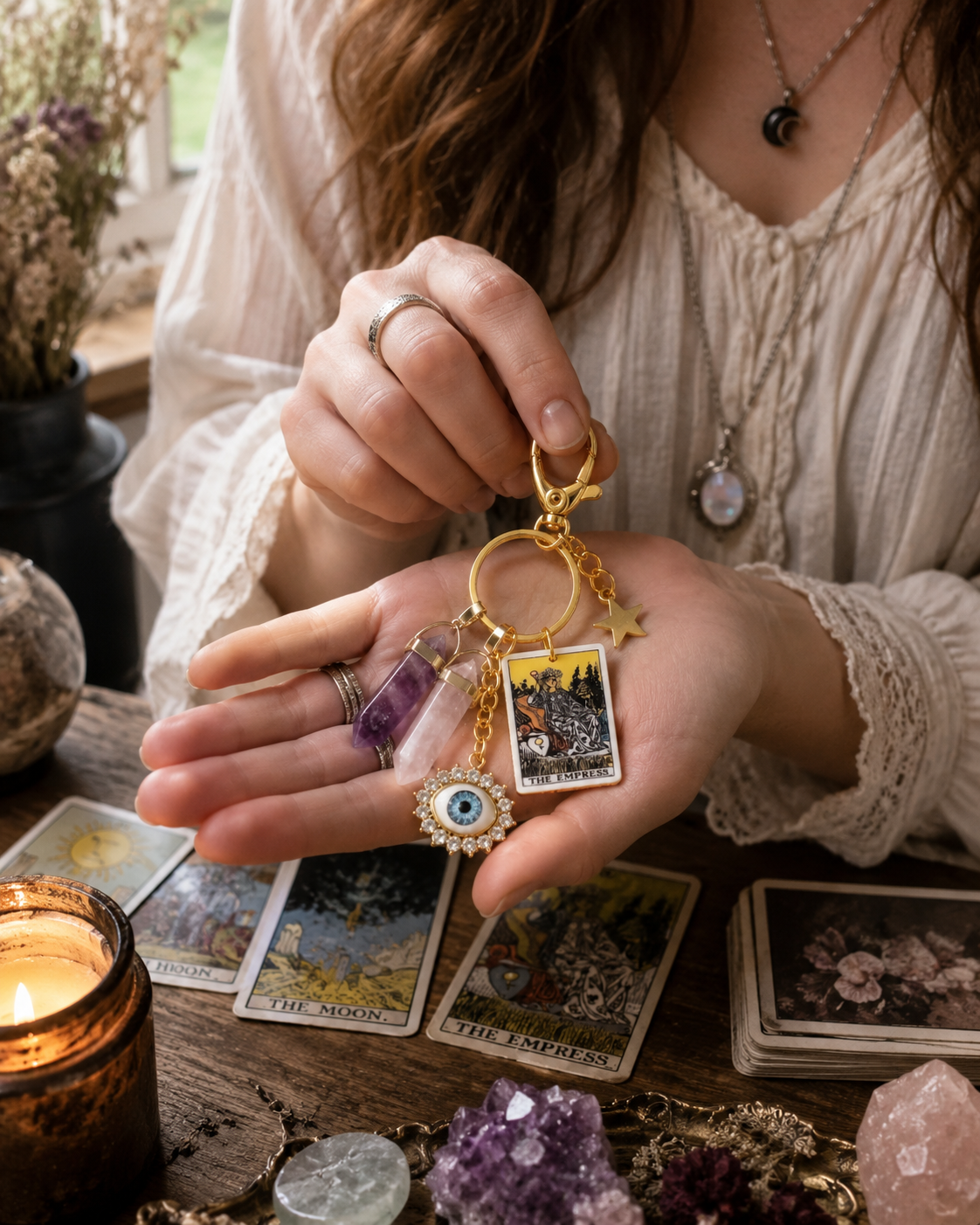 Tarot Crystal Keychain - The Lovers / The Empress / The High Priestess - Rose Quartz Love Charm