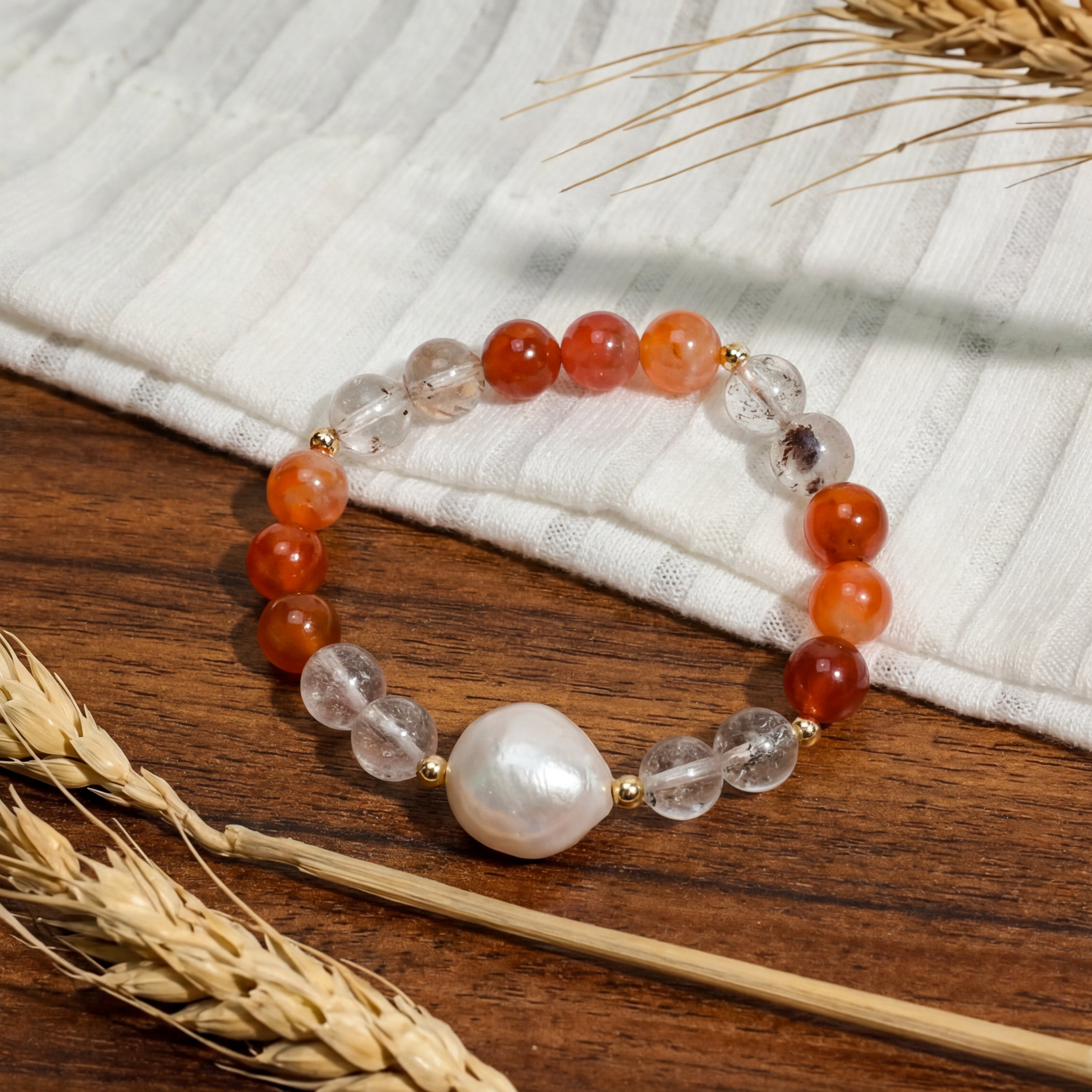Custom Red Fire Quartz & Garden Quartz  Pearl Bracelet