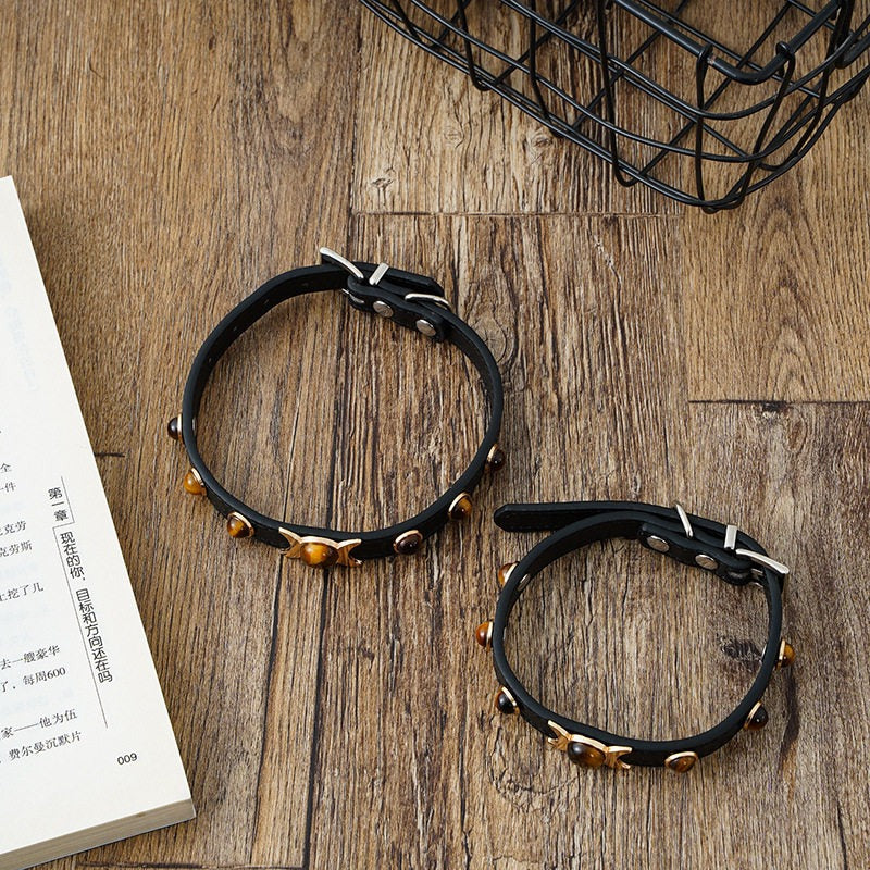 Tiger Eye Pet Collar, Luxury Amber Gem Collar for Cats & Small Dogs (Teddy), Adjustable & Stylish