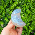 Blue Flash Moonstone Crescent Moon Carving, Polished Moon Crystal Slice for Spiritual Decor & Energy Healing