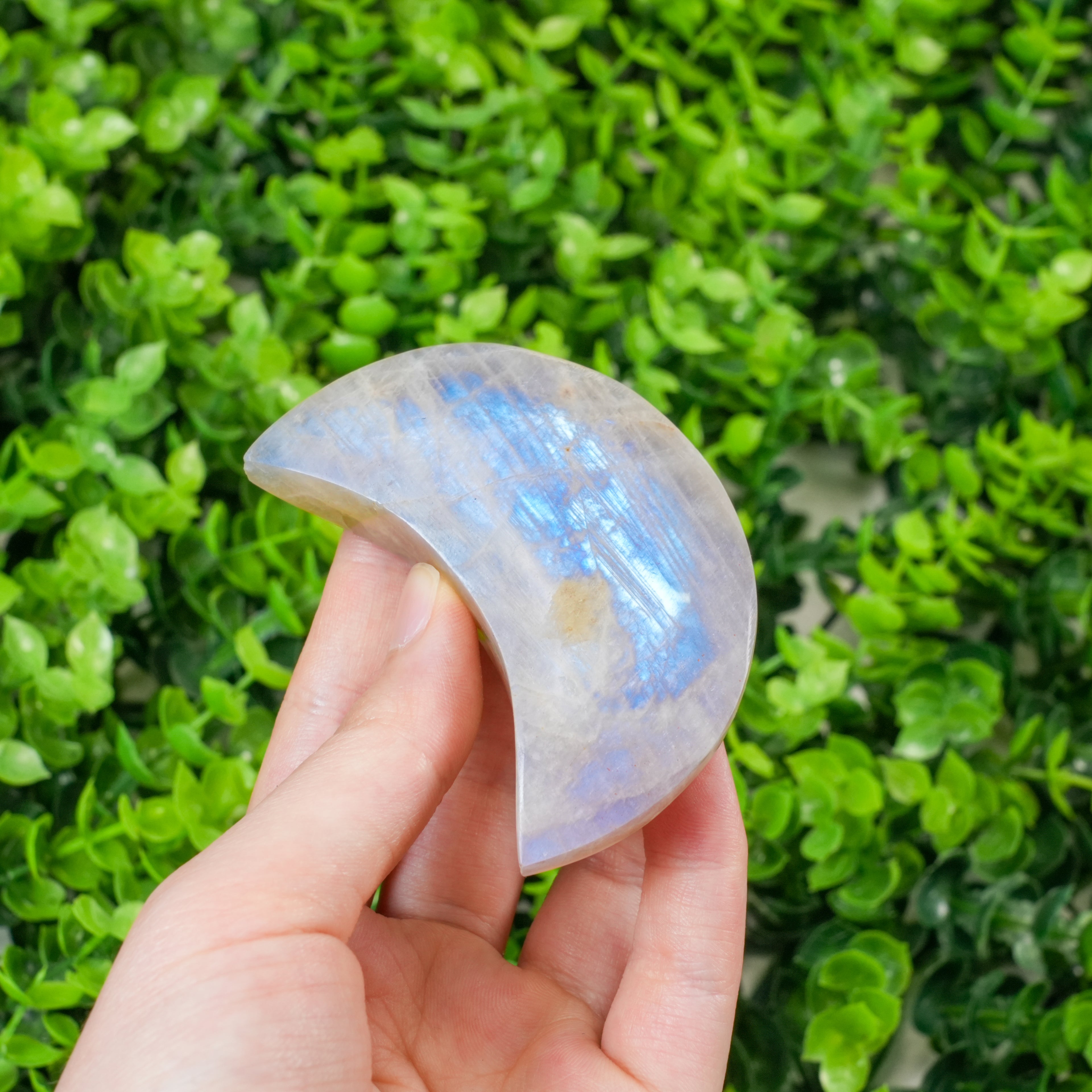 Blue Flash Moonstone Crescent Moon Carving, Polished Moon Crystal Slice for Spiritual Decor & Energy Healing