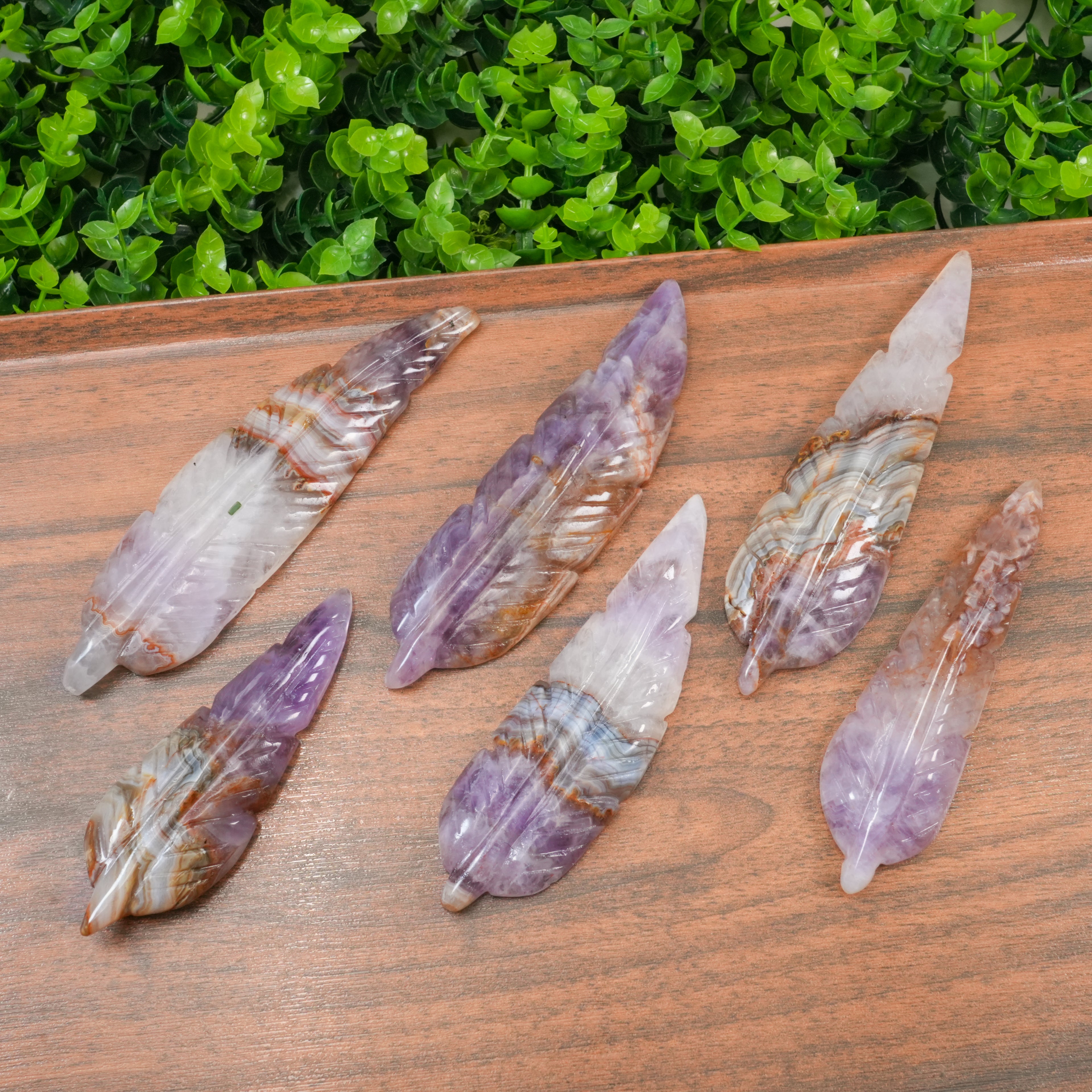 Dream Amethyst Feather Crystal Carving, Hand Polished Feather Shaped Stone for Spiritual Decor & Energy Healing
