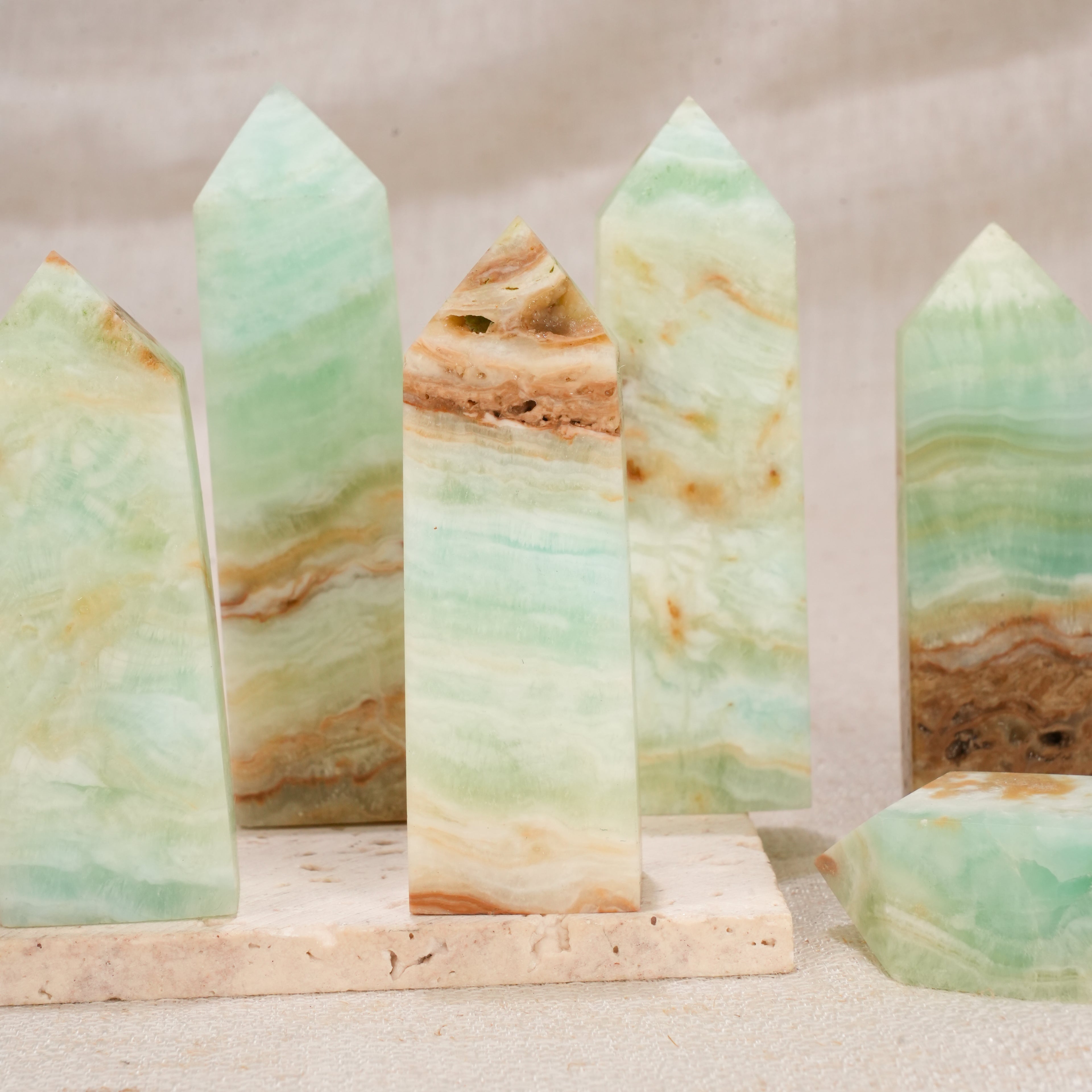 Natural Caribbean Calcite Obelisk Tower, Banded Green Calcite Crystal Point Wand for Home Decor, Chakra Healing & Crystal Collection