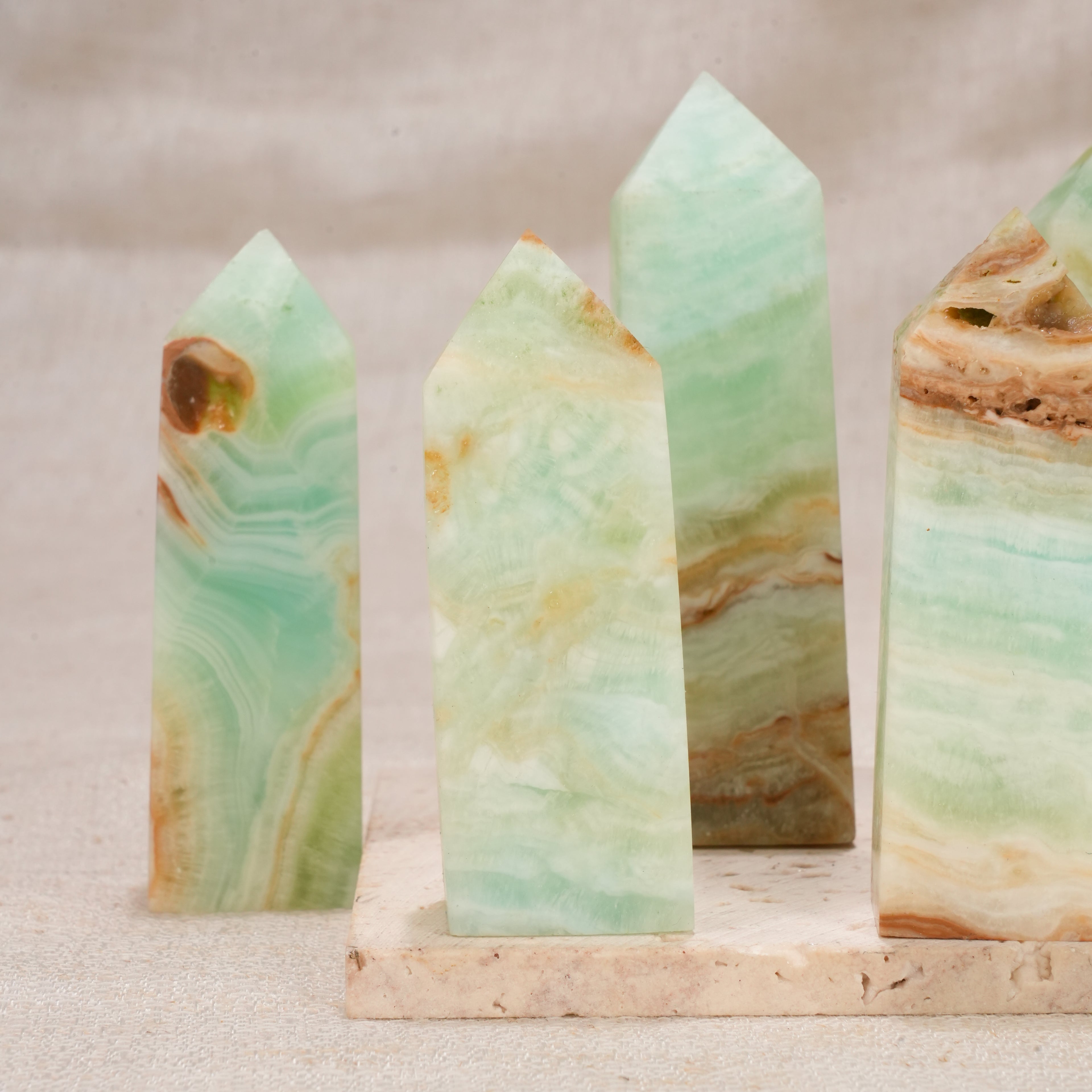 Natural Caribbean Calcite Obelisk Tower, Banded Green Calcite Crystal Point Wand for Home Decor, Chakra Healing & Crystal Collection