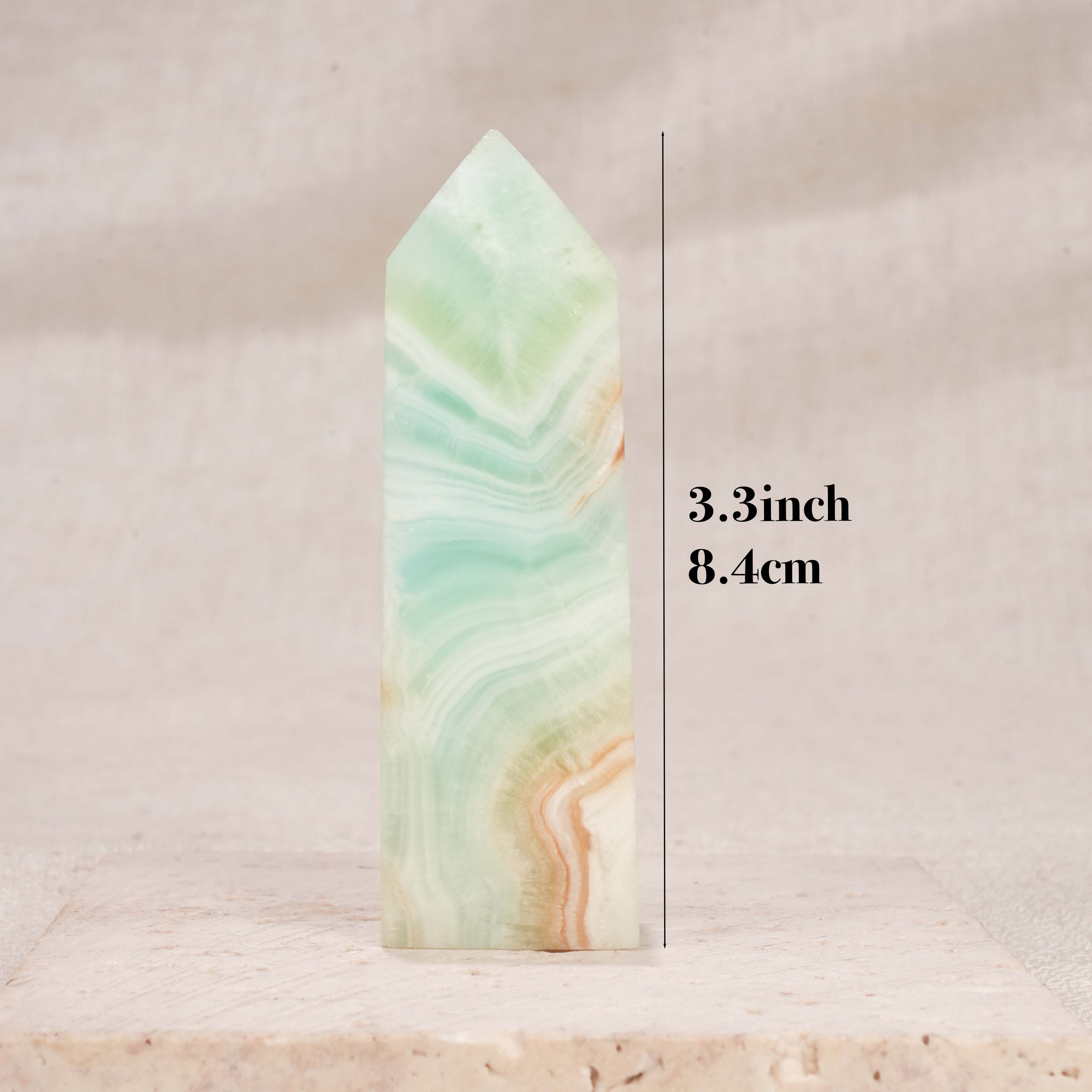 Natural Caribbean Calcite Obelisk Tower, Banded Green Calcite Crystal Point Wand for Home Decor, Chakra Healing & Crystal Collection