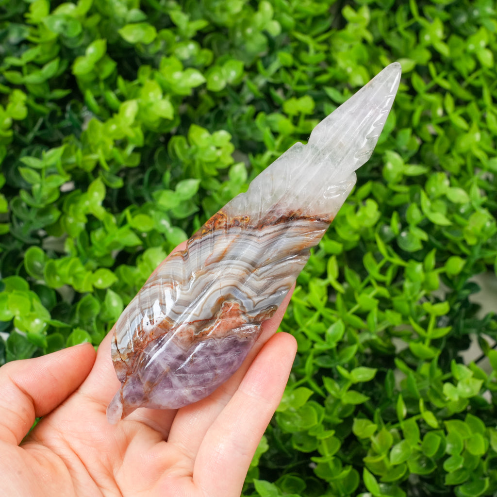 Dream Amethyst Feather Crystal Carving, Hand Polished Feather Shaped Stone for Spiritual Decor & Energy Healing