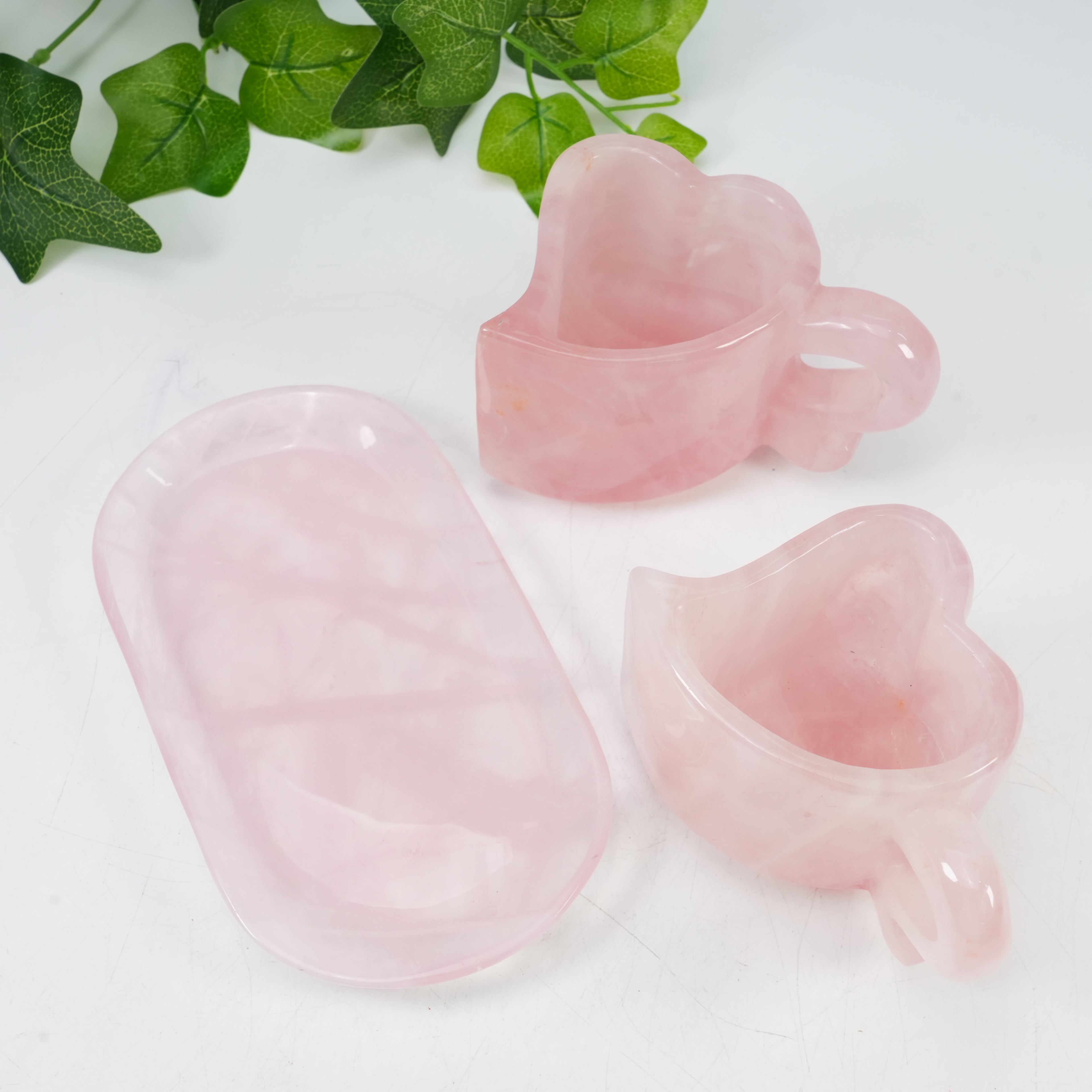 Natural Rose Quartz Heart Shaped Couple Cup Set With Saucer | Hand Carved Healing Crystal Drinkware, Unique Love Gift