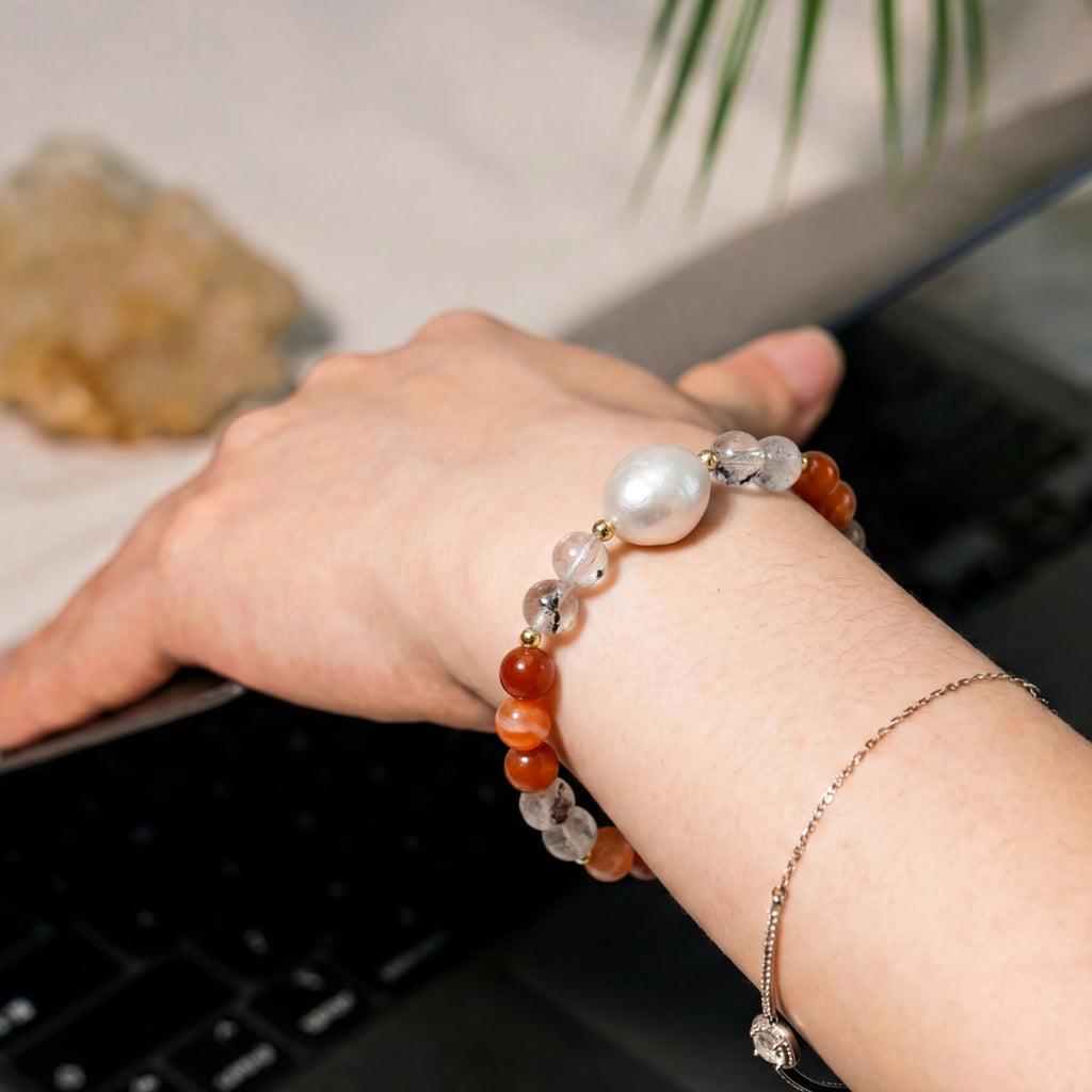 Custom Red Fire Quartz & Garden Quartz  Pearl Bracelet