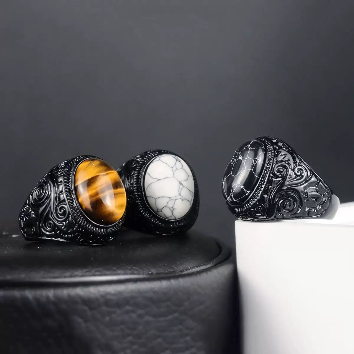Retro Black Carved Punk Men Ring