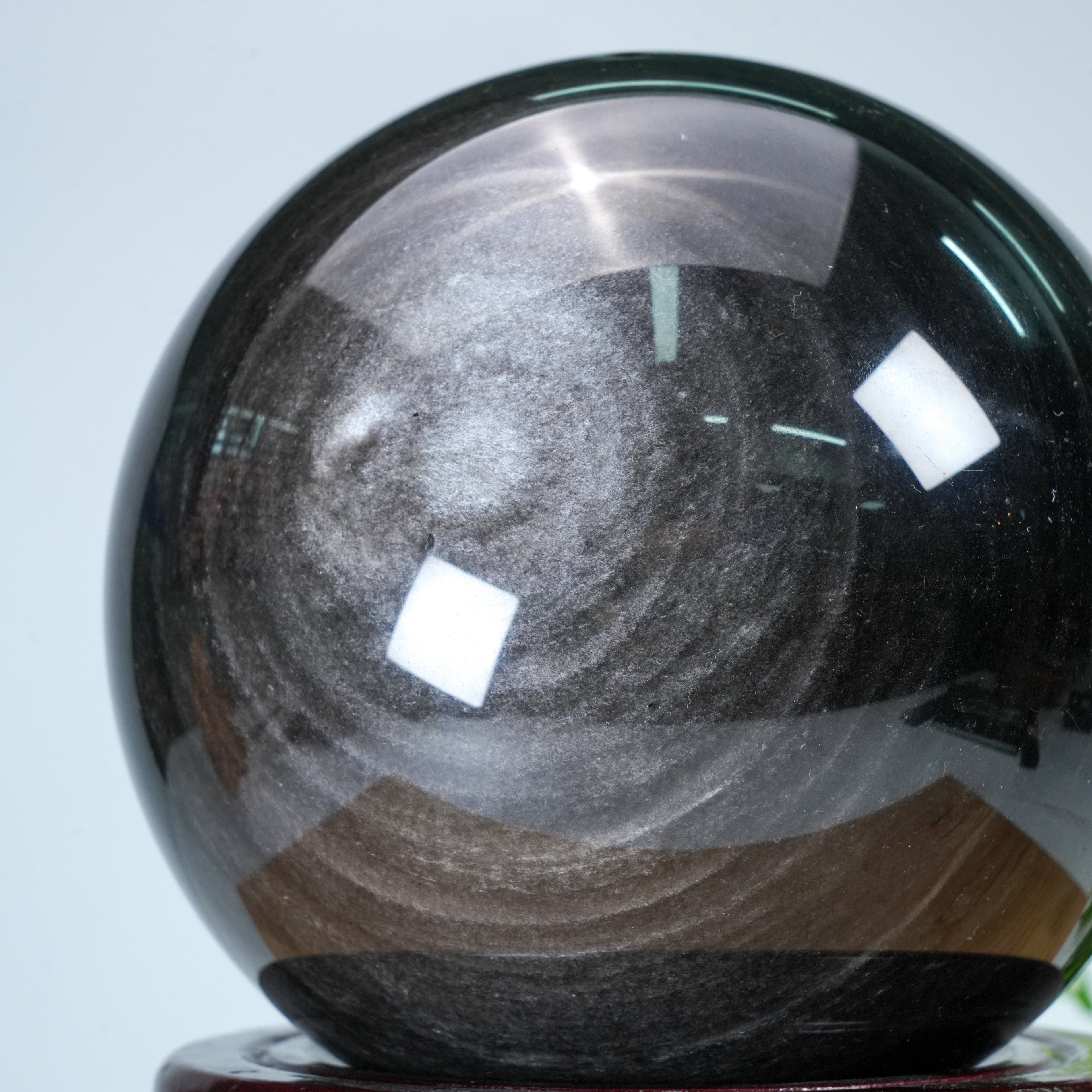 Silver Obsidian Crystal Sphere with Wooden Stand | Healing Crystal for Home Protection