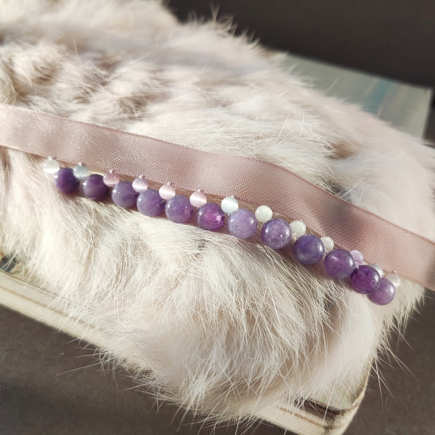 Cat Amethyst Ribbon Collar, Elegant Feline Necklace, Sparkling Crystal Pet Neckband, Soft Adjustable & Safe