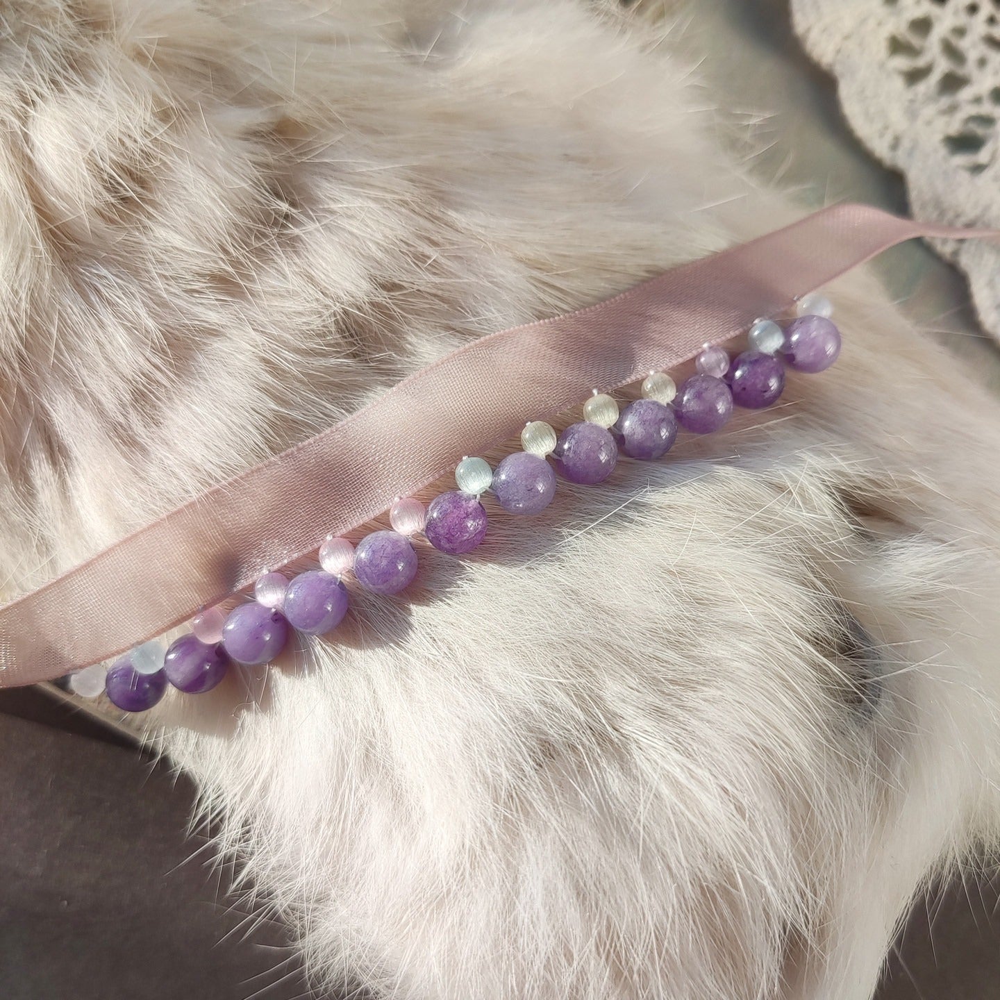 Cat Amethyst Ribbon Collar, Elegant Feline Necklace, Sparkling Crystal Pet Neckband, Soft Adjustable & Safe