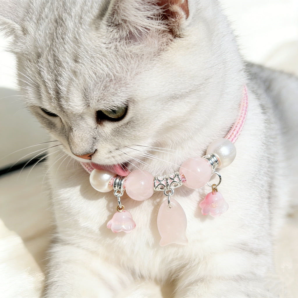 Rose Quartz Fish Pendant Pet Collar – Adjustable Necklace for Cats & Dogs