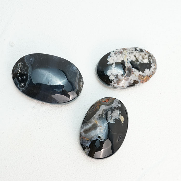 Unique Black Flower Agate Palmstone crystal for collectors