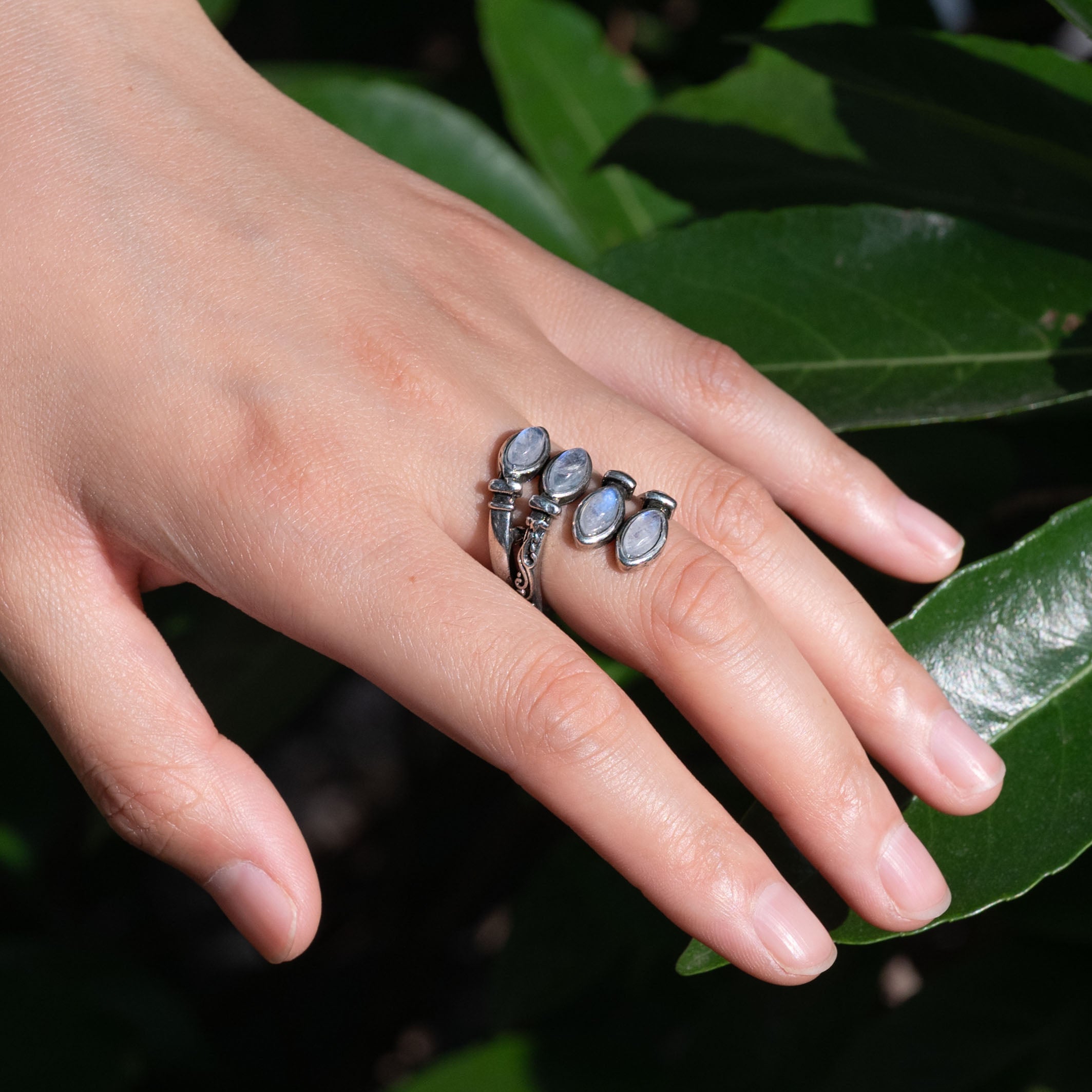 Dazzling Blue Moonstone Ring with a shimmering finish.