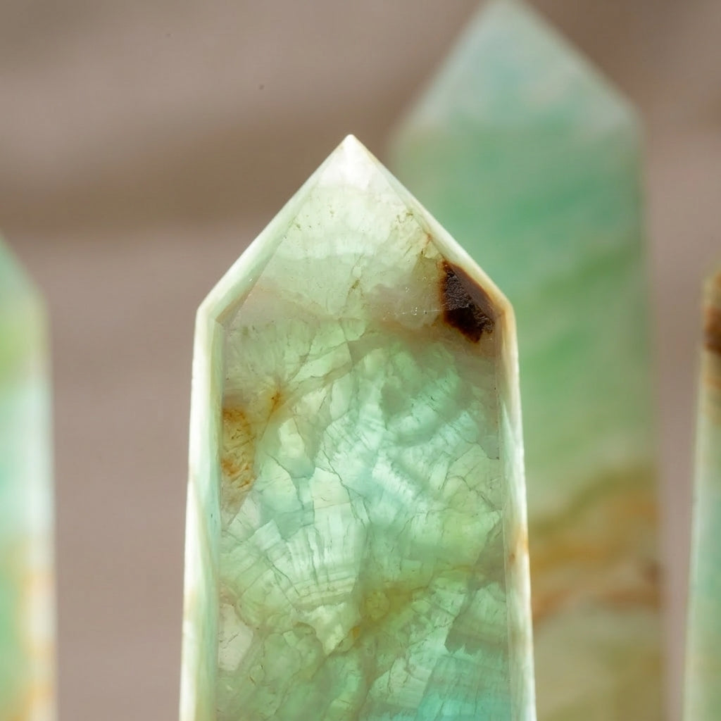 Natural Caribbean Calcite Obelisk Tower, Banded Green Calcite Crystal Point Wand for Home Decor, Chakra Healing & Crystal Collection