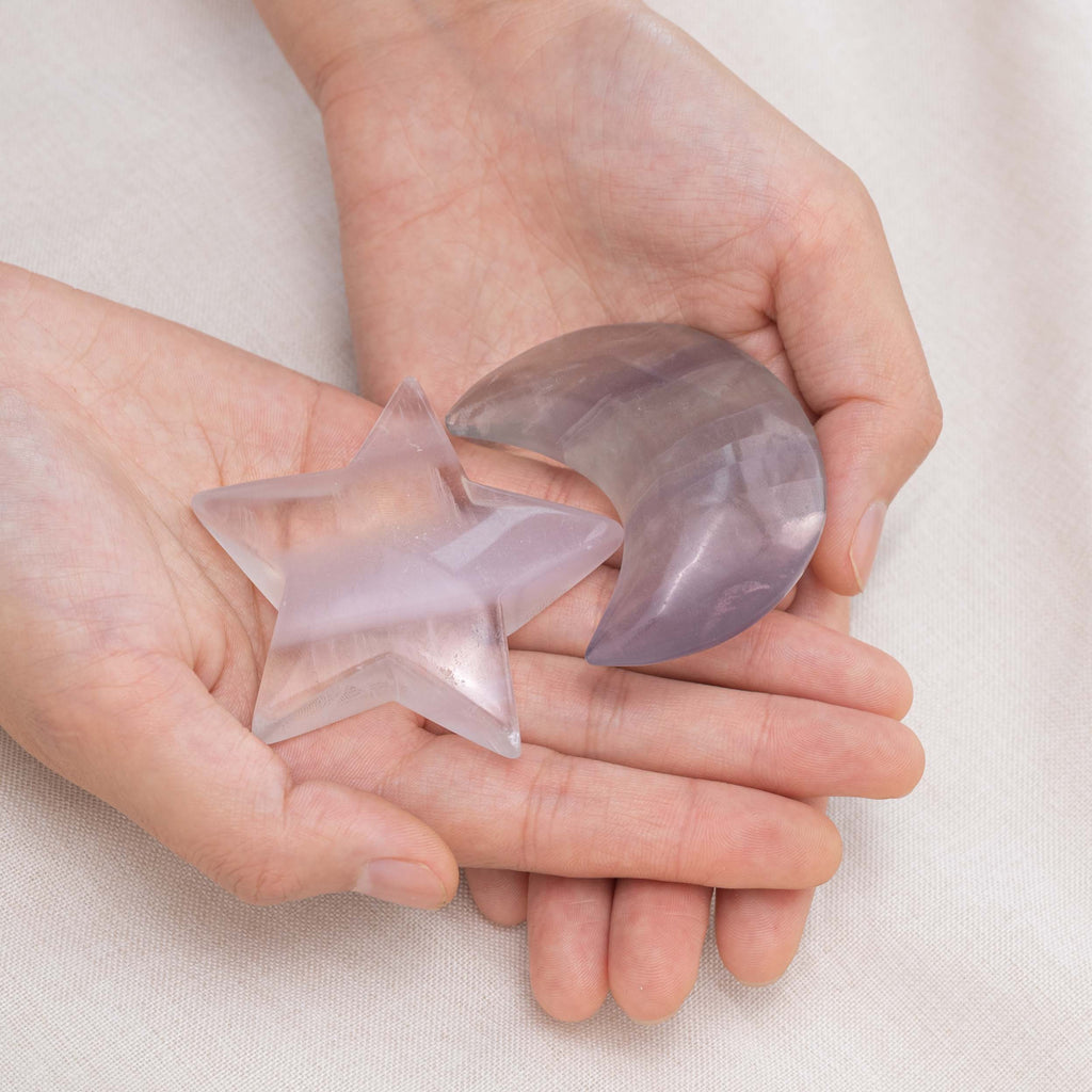 Close-up of Light Purple Fluorite Star/Moon Palm Stone