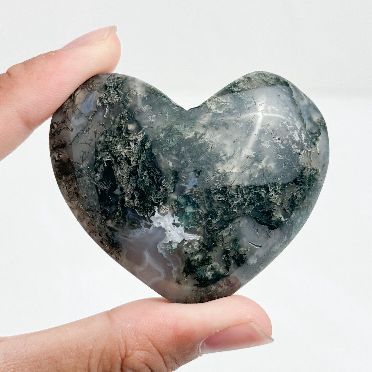 Polished Moss Agate Heart  Palmstone for Abundance Attraction