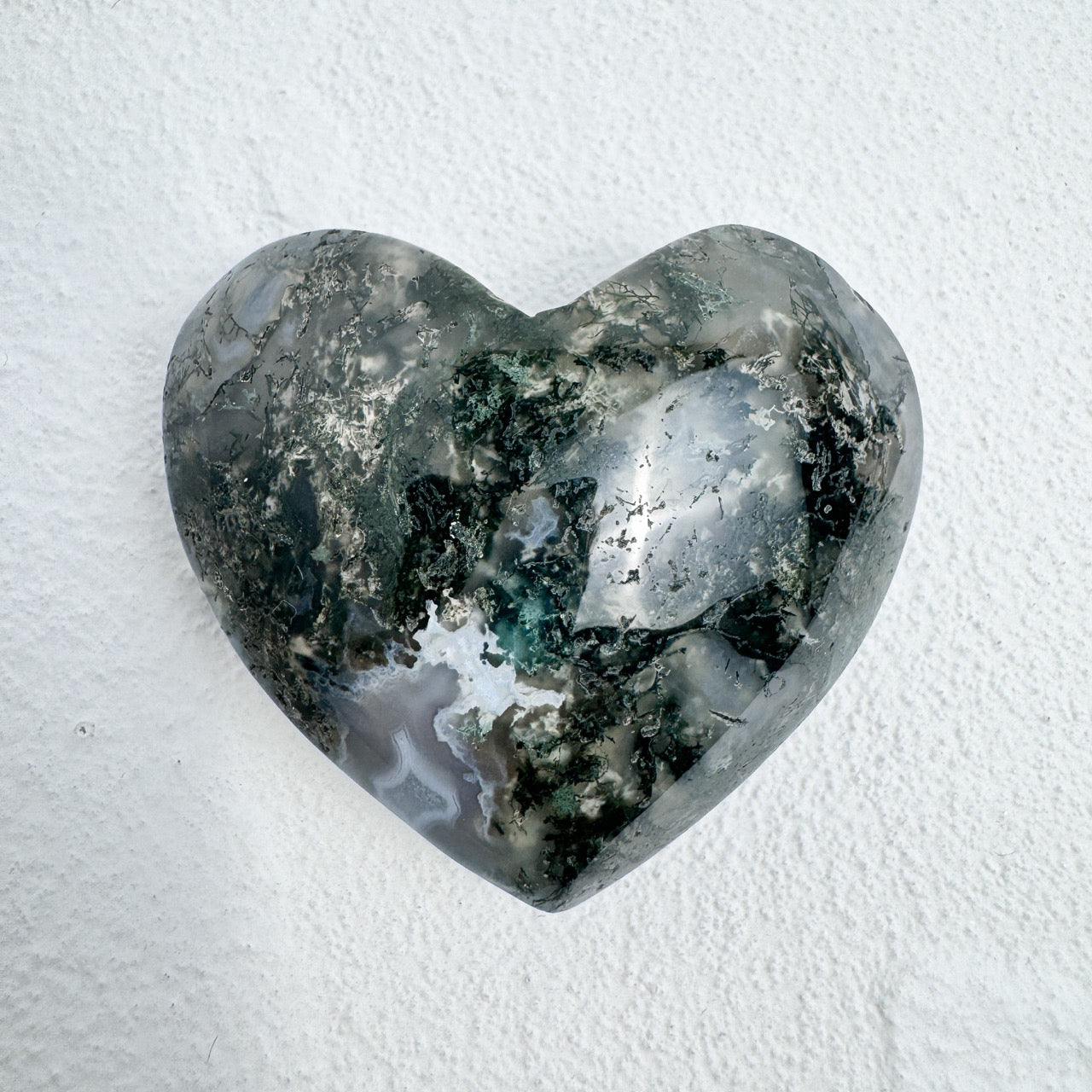 Genuine Moss Agate Heart Moon Palmstone for Wish Fulfillment