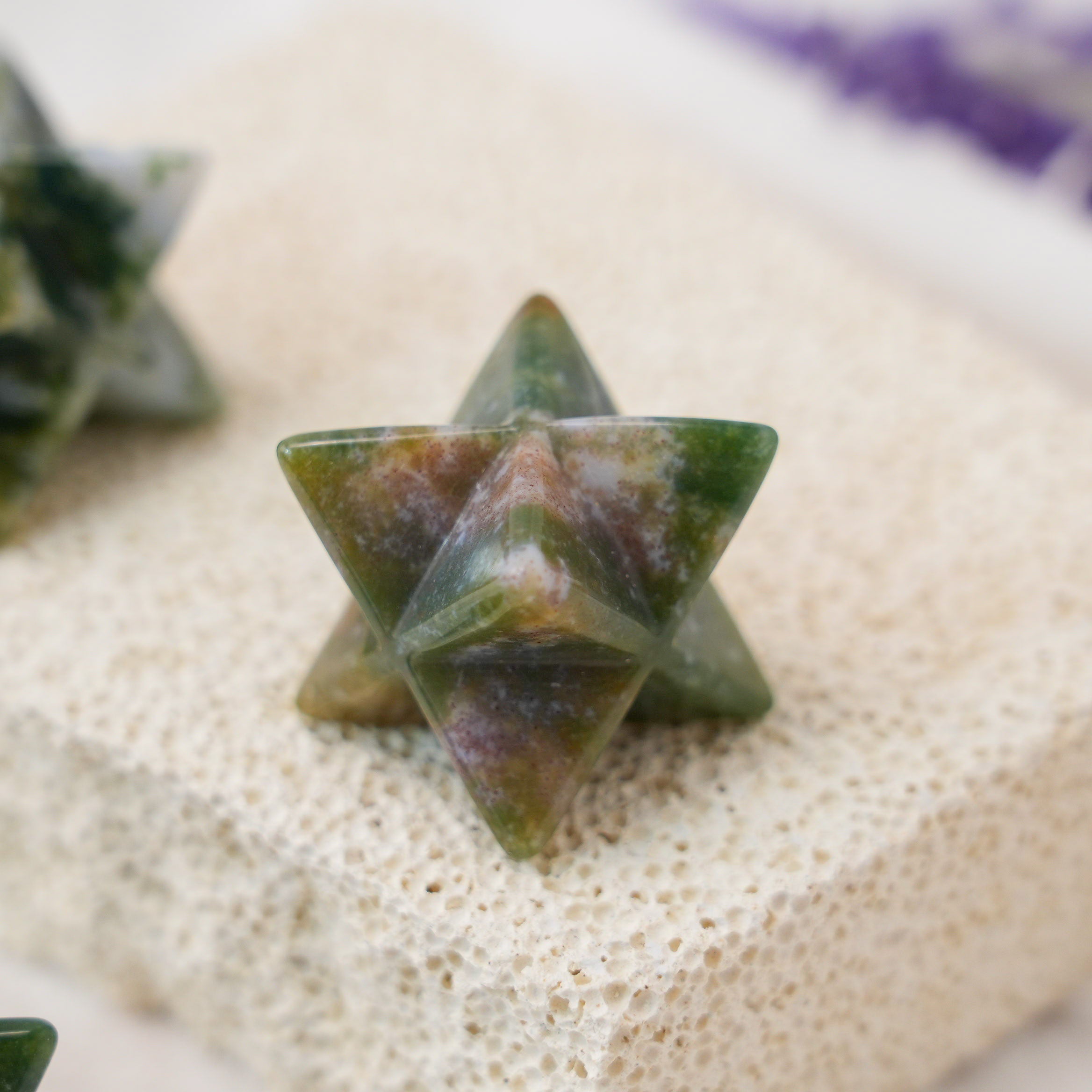 Beautiful Moss Agate Merkaba symbolizing abundance and emotional balance