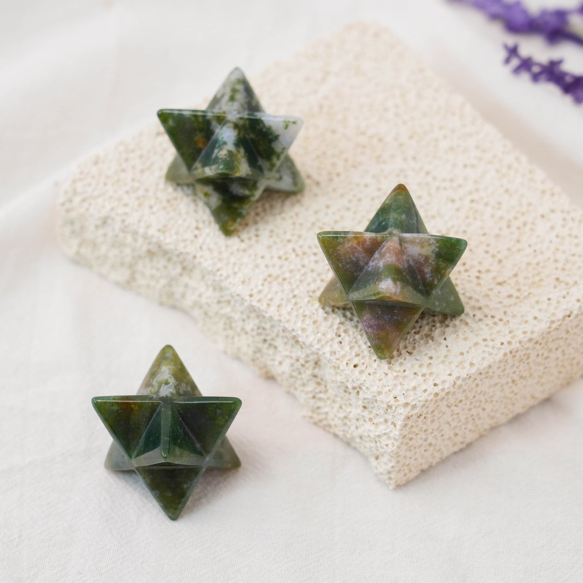 Moss Agate Merkaba promoting healing and wellness, perfect for meditation