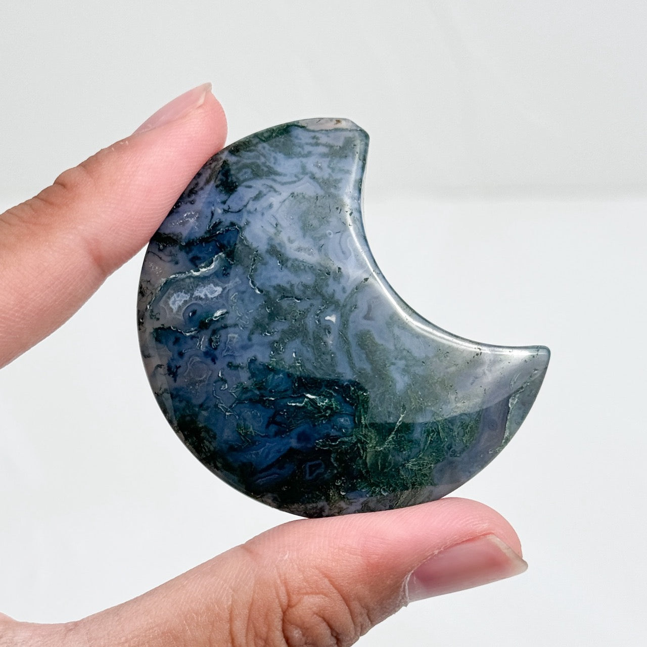 Moss Agate Heart Moon Palmstone Bringing Good Luck and Wealth