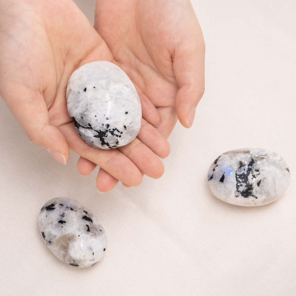 Unique Rainbow Moonstone Palm Stone, ideal for meditation and spiritual growth