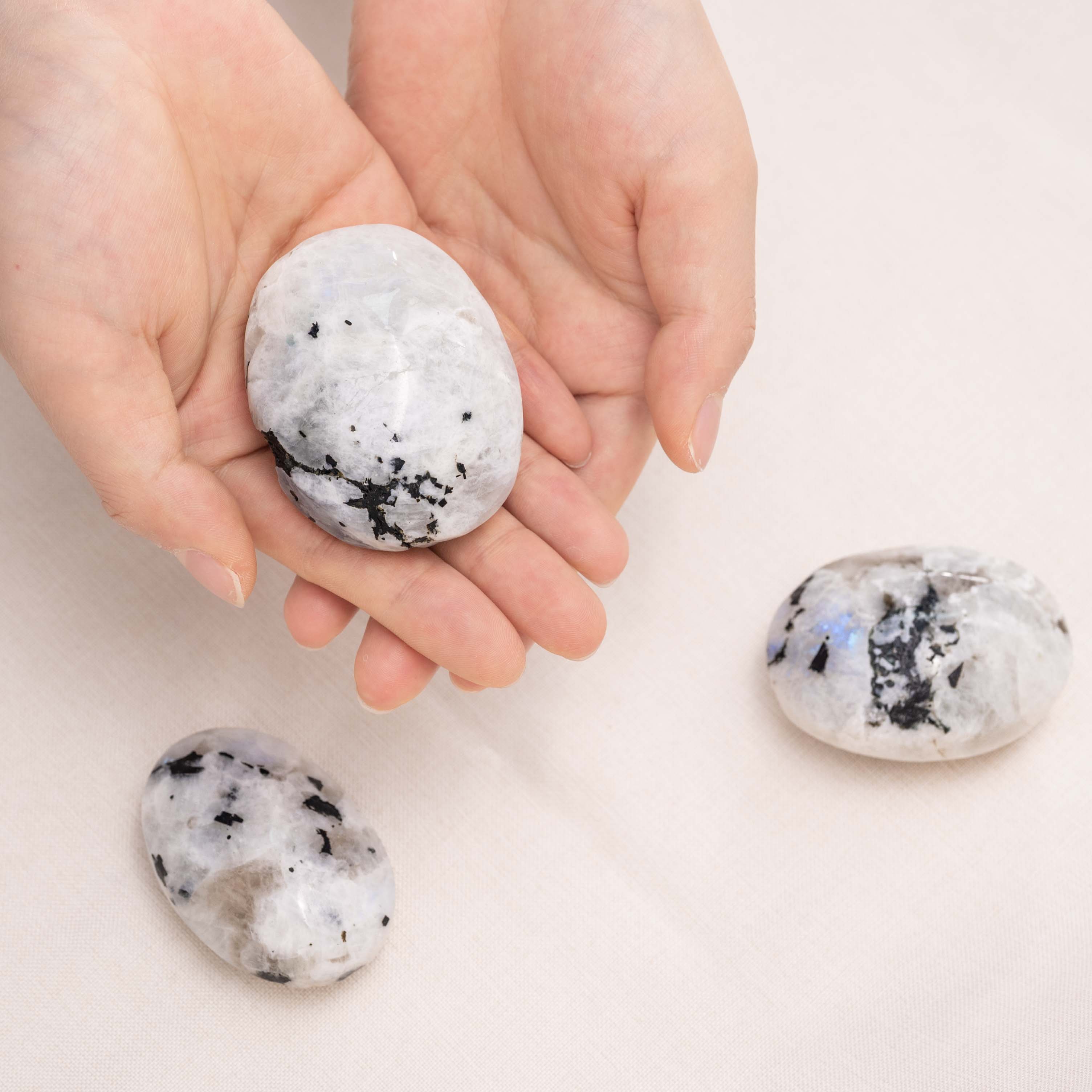 Unique Rainbow Moonstone Palm Stone, ideal for meditation and spiritual growth