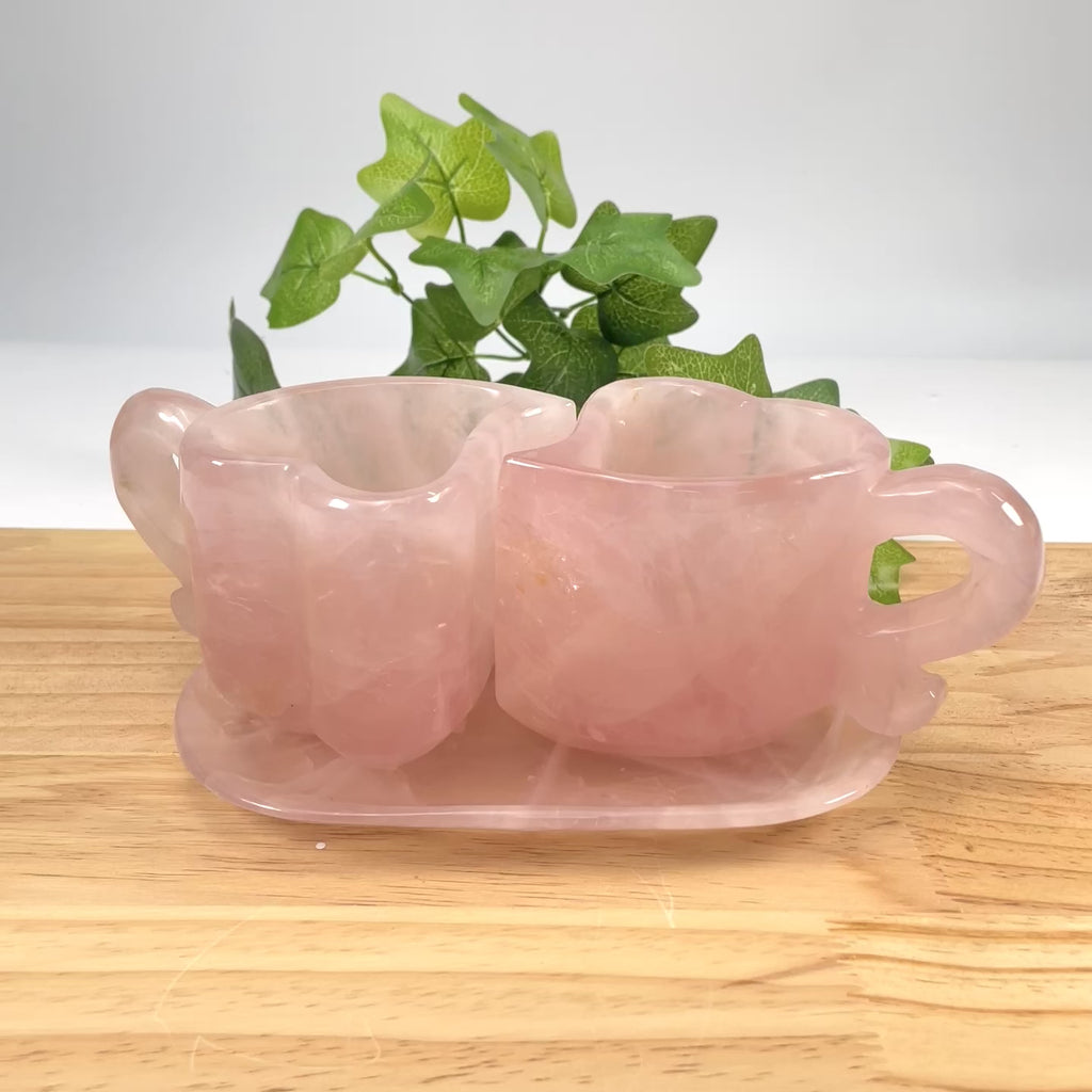 Natural Rose Quartz Heart Shaped Couple Cup Set With Saucer | Hand Carved Healing Crystal Drinkware, Unique Love Gift