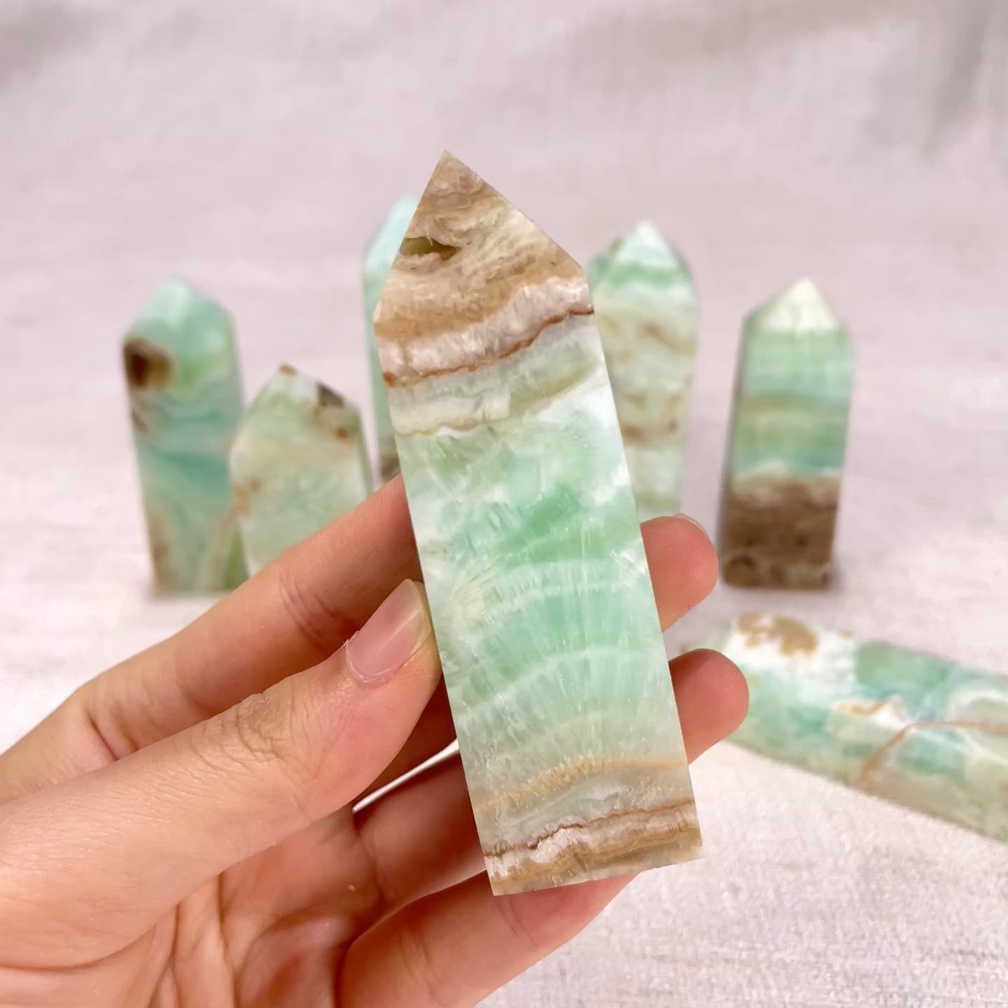 Natural Caribbean Calcite Obelisk Tower, Banded Green Calcite Crystal Point Wand for Home Decor, Chakra Healing & Crystal Collection