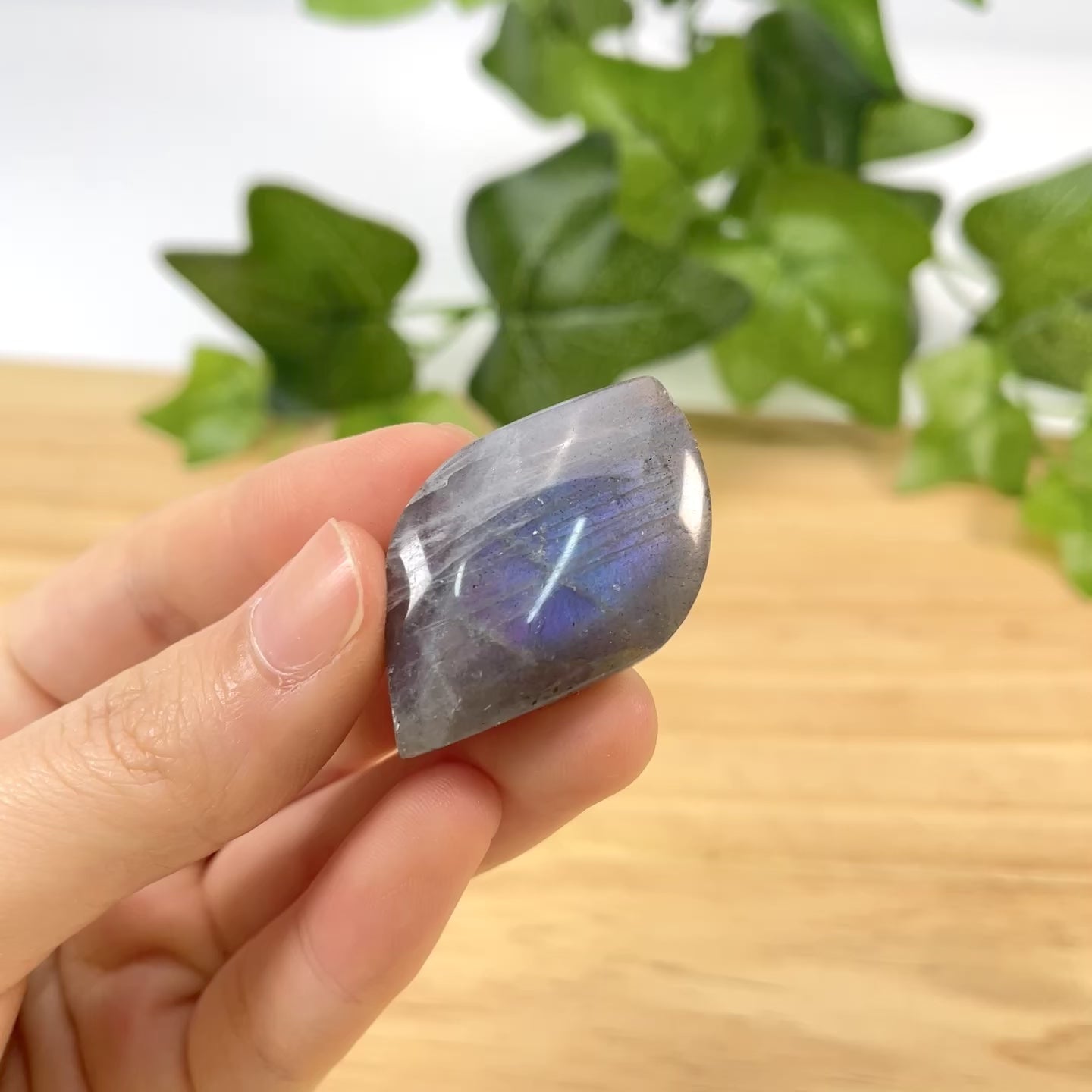 Natural Labradorite Crystal Leaf Carving - Hand-Carved Gemstone Foliage with Blue & Purple Unique Spiritual Gift for Crystal Collectors Flash